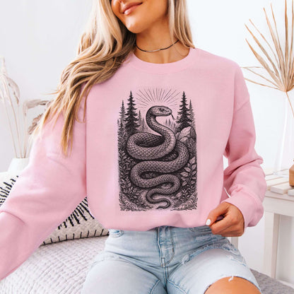 Serpent Wisdom Snake Spirit sweatshirt featuring a detailed serpent design in a lush forest backdrop, ideal for wild souls.