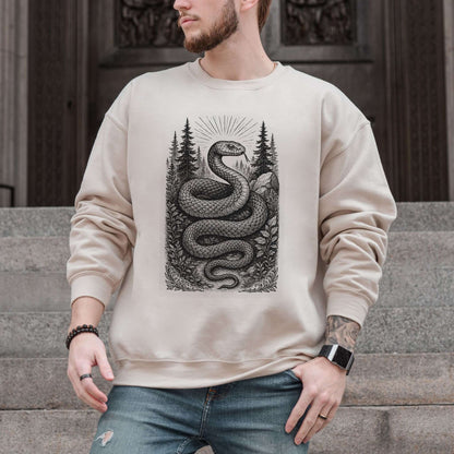 Serpent Wisdom sweatshirt featuring a detailed snake design amidst a mystical forest backdrop.