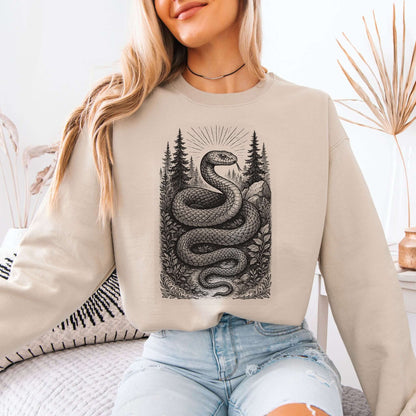 Serpent Wisdom sweatshirt featuring a mystical snake design in a lush forest backdrop, perfect for reptile lovers.