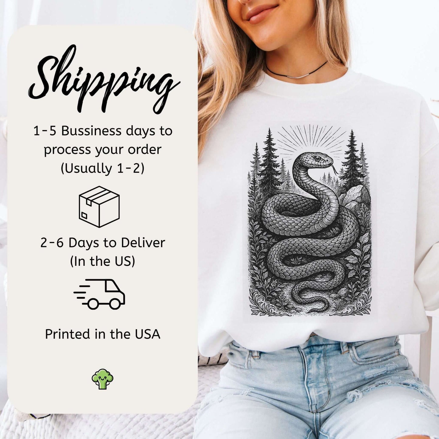 Serpent Wisdom sweatshirt featuring a detailed snake design in a mystical forest, ideal for snake lovers and jungle enthusiasts.