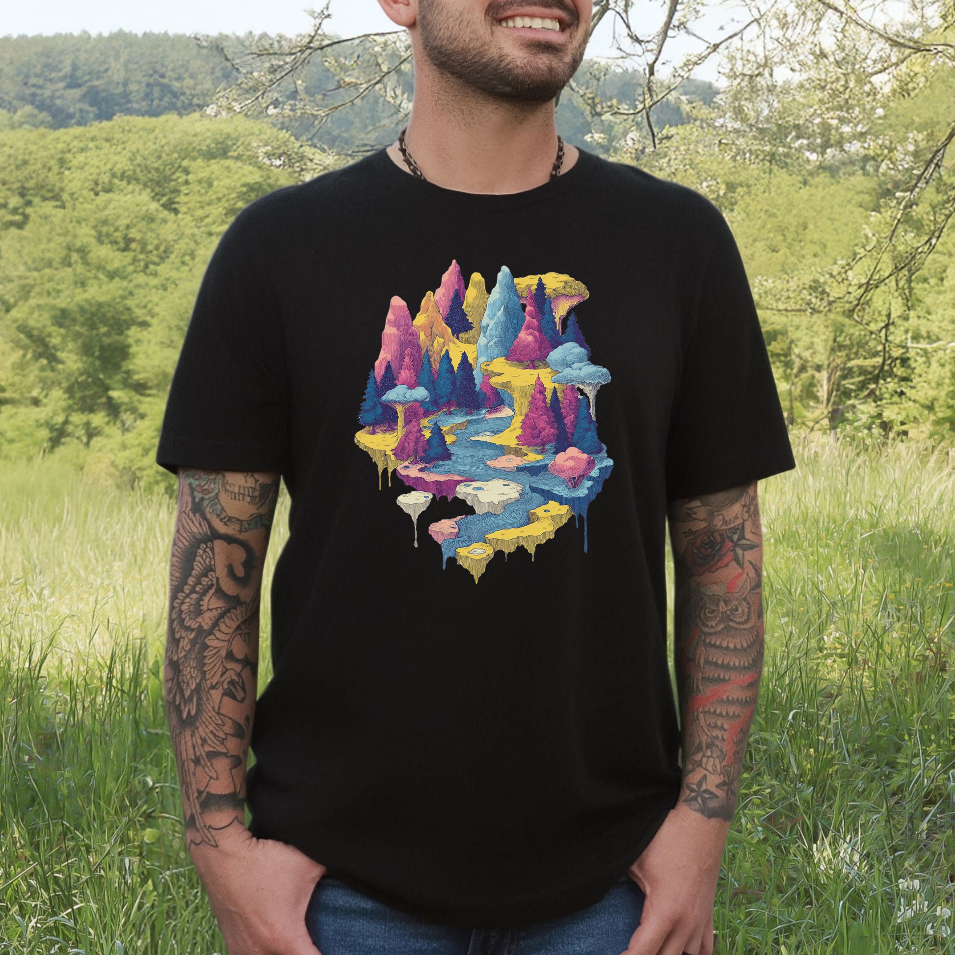 Soft Lands T-Shirt – Psychedelic Fantasy Forest & Dreamscape Mountain Art