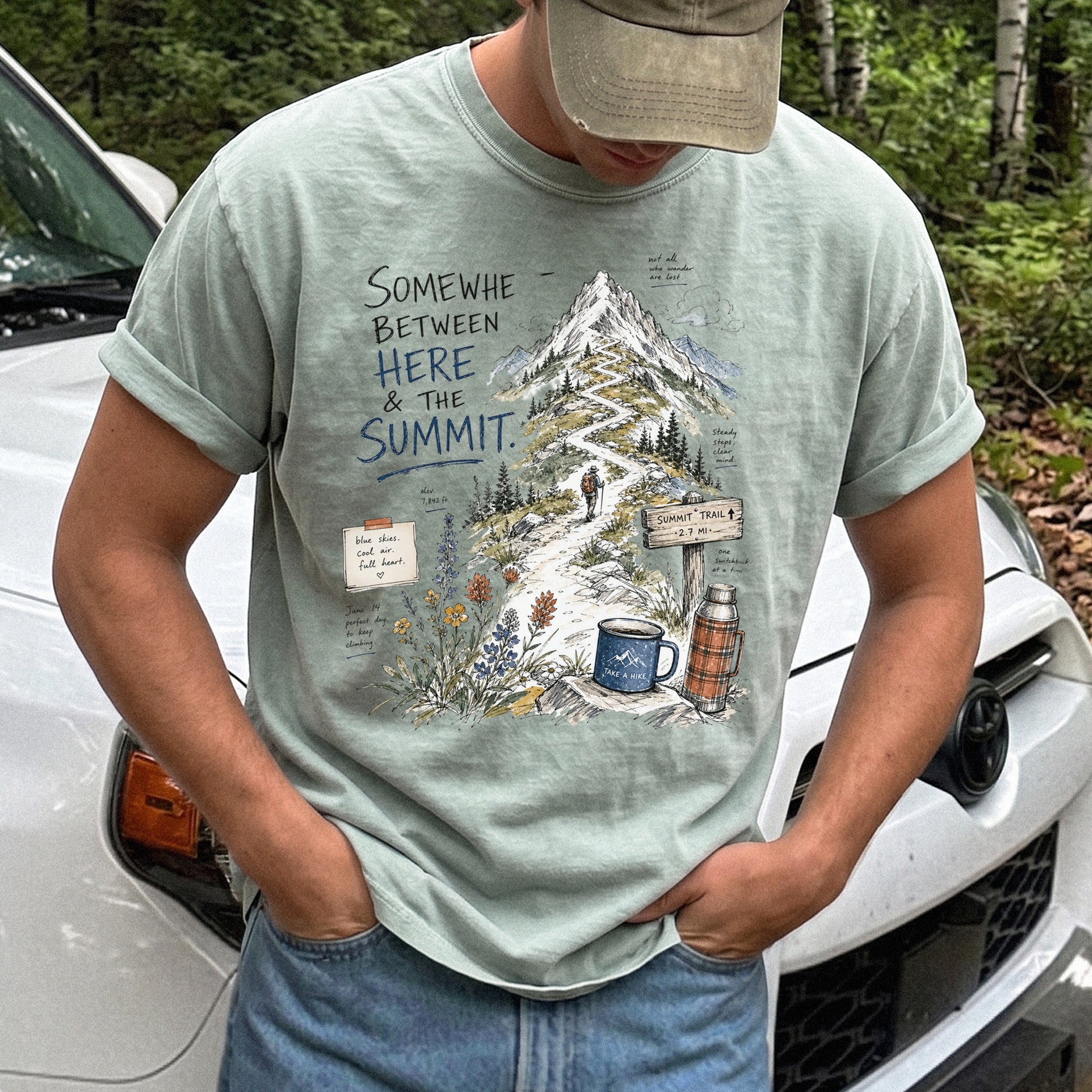 Somewhere Between Here and the Summit Comfort Colors Shirt – Mountain Hiking Tee