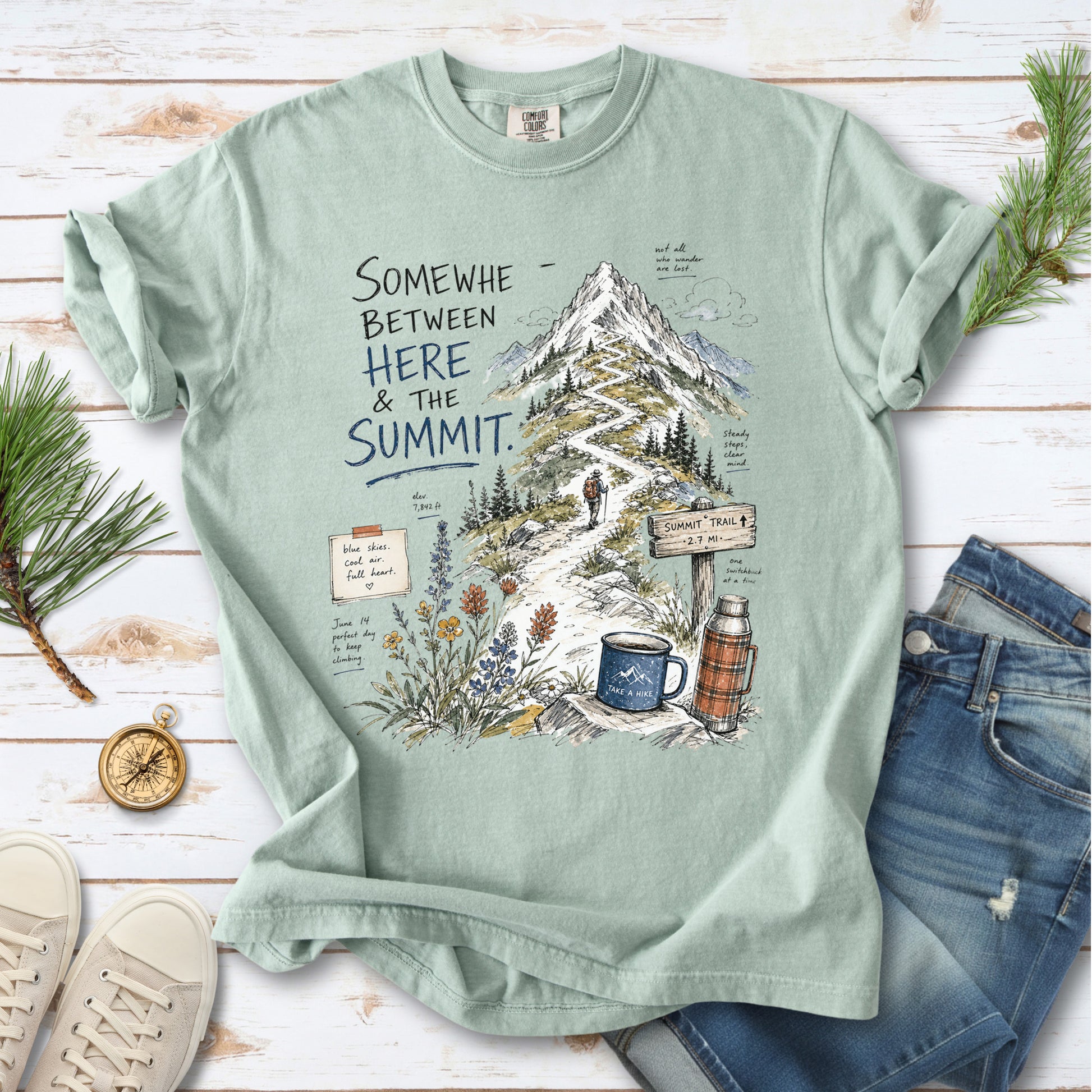 Somewhere Between Here and the Summit Comfort Colors Shirt – Mountain Hiking Tee