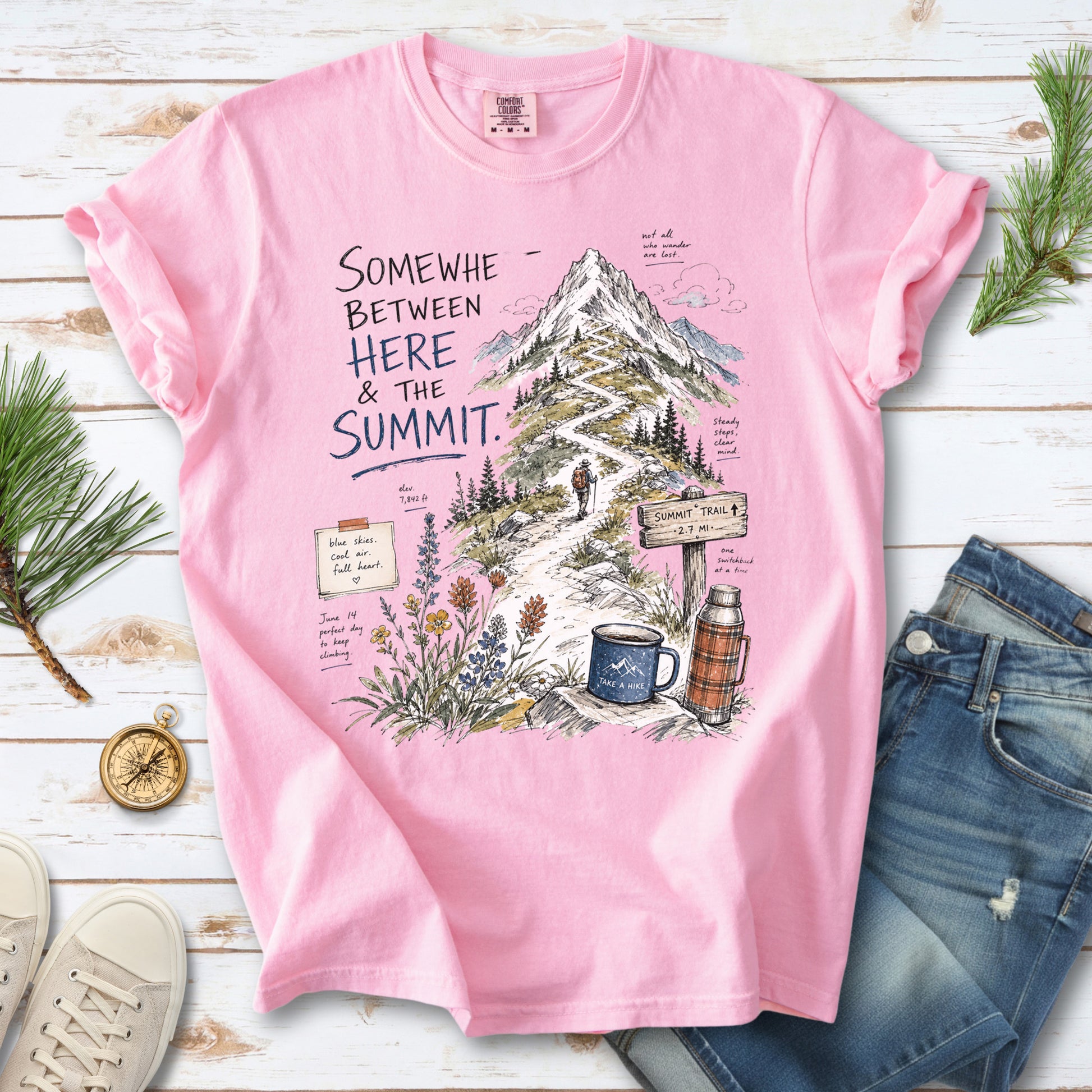 Somewhere Between Here and the Summit Comfort Colors Shirt – Mountain Hiking Tee