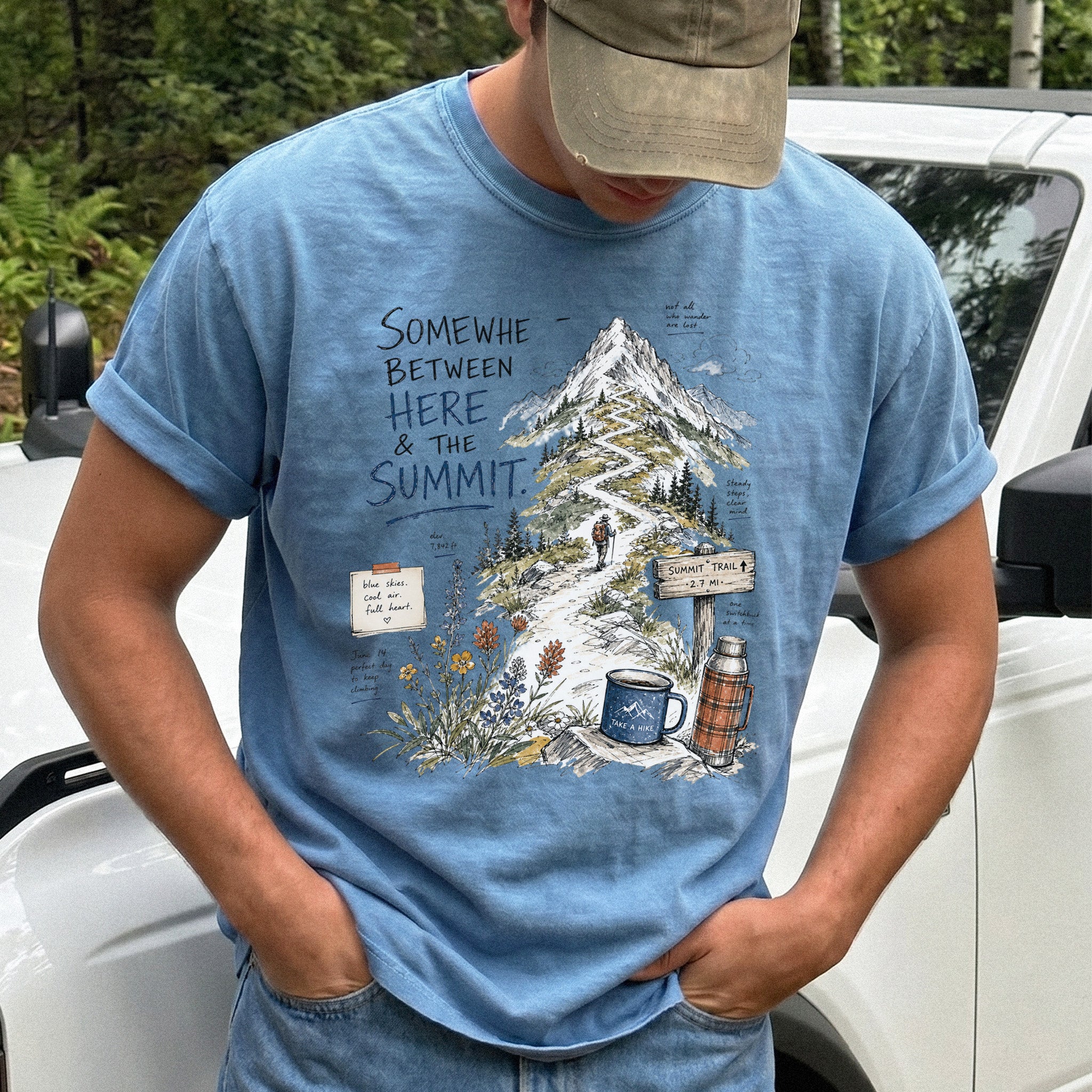 Somewhere Between Here and the Summit Comfort Colors Shirt – Mountain Hiking Tee