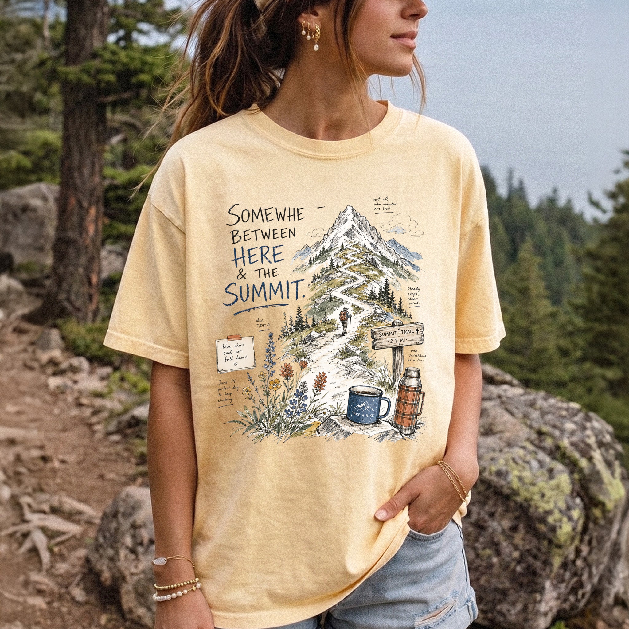 Somewhere Between Here and the Summit Comfort Colors Shirt – Mountain Hiking Tee