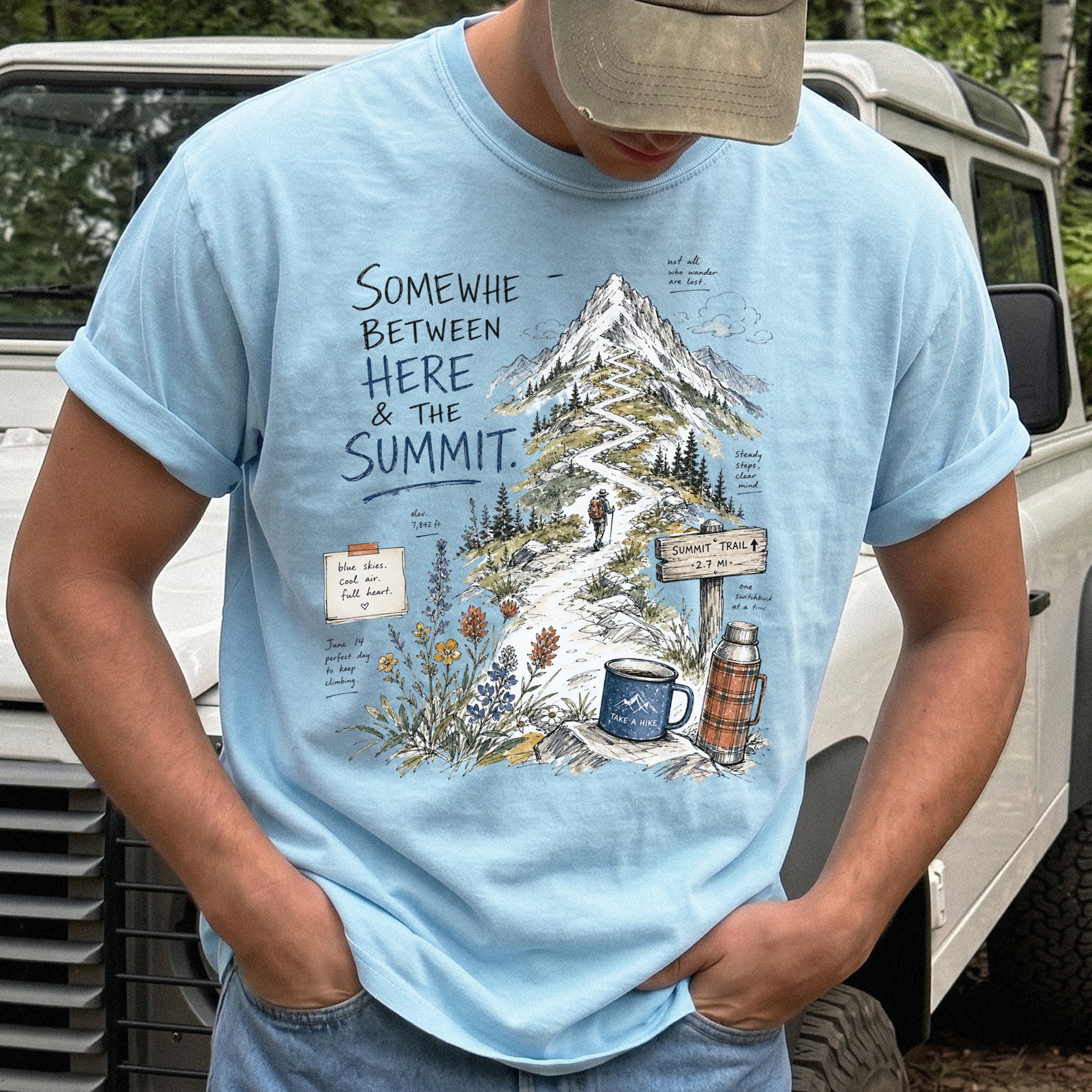 Somewhere Between Here and the Summit Comfort Colors Shirt – Mountain Hiking Tee