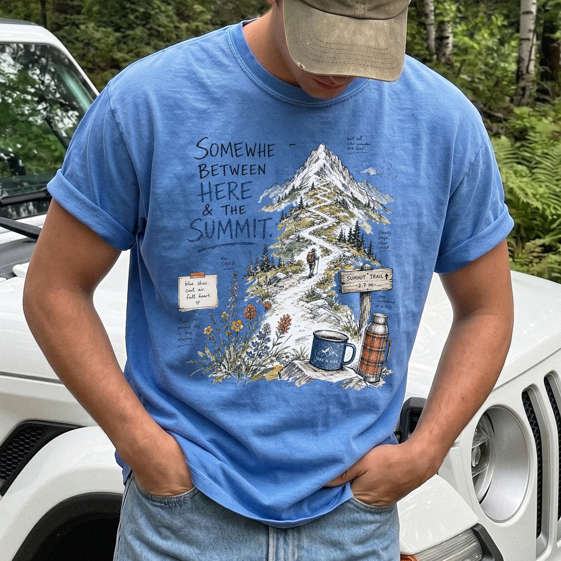 Somewhere Between Here and the Summit Comfort Colors Shirt – Mountain Hiking Tee