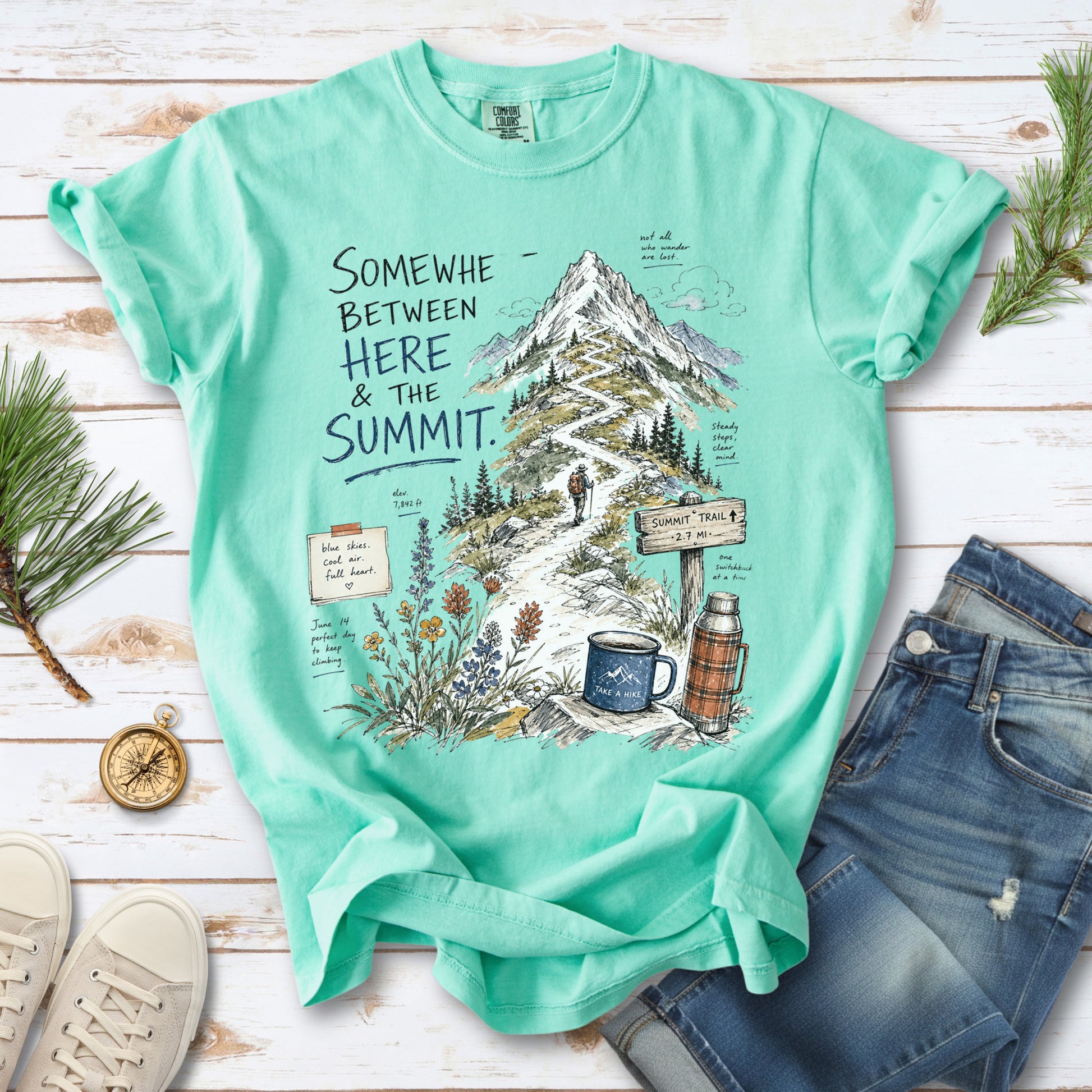 Somewhere Between Here and the Summit Comfort Colors Shirt – Mountain Hiking Tee