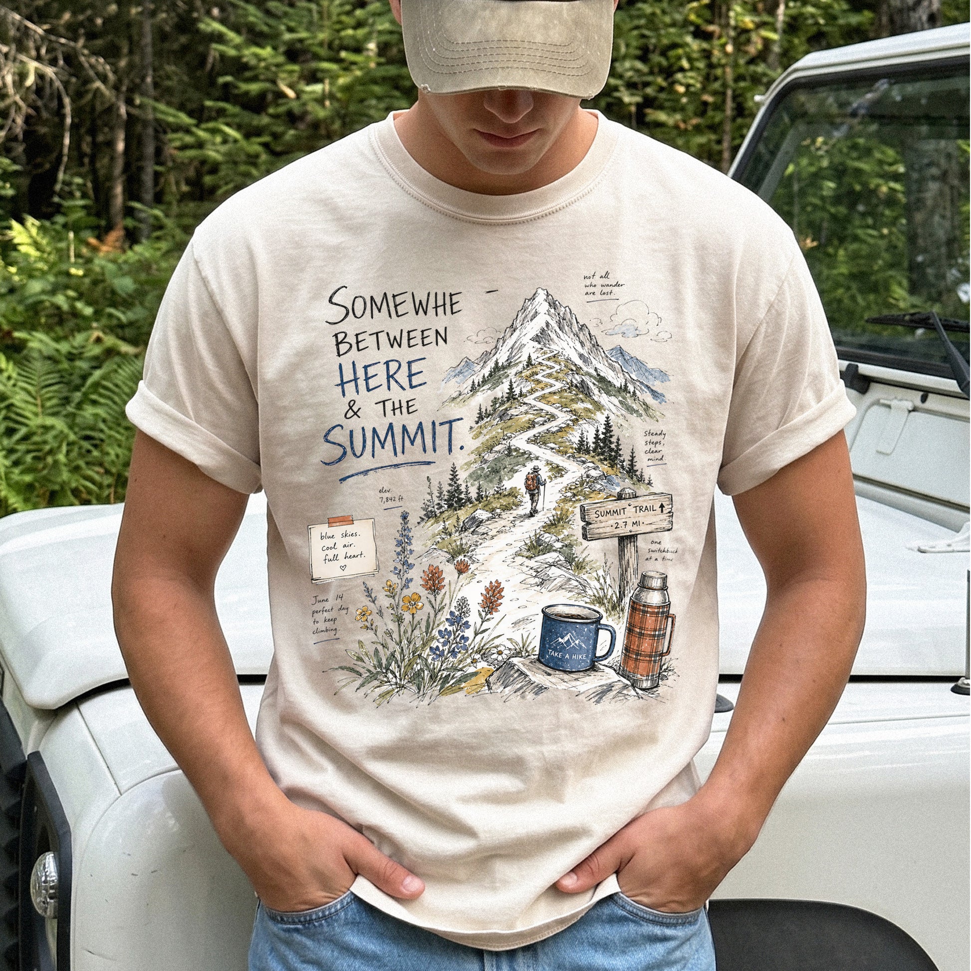Somewhere Between Here and the Summit Comfort Colors Shirt – Mountain Hiking Tee