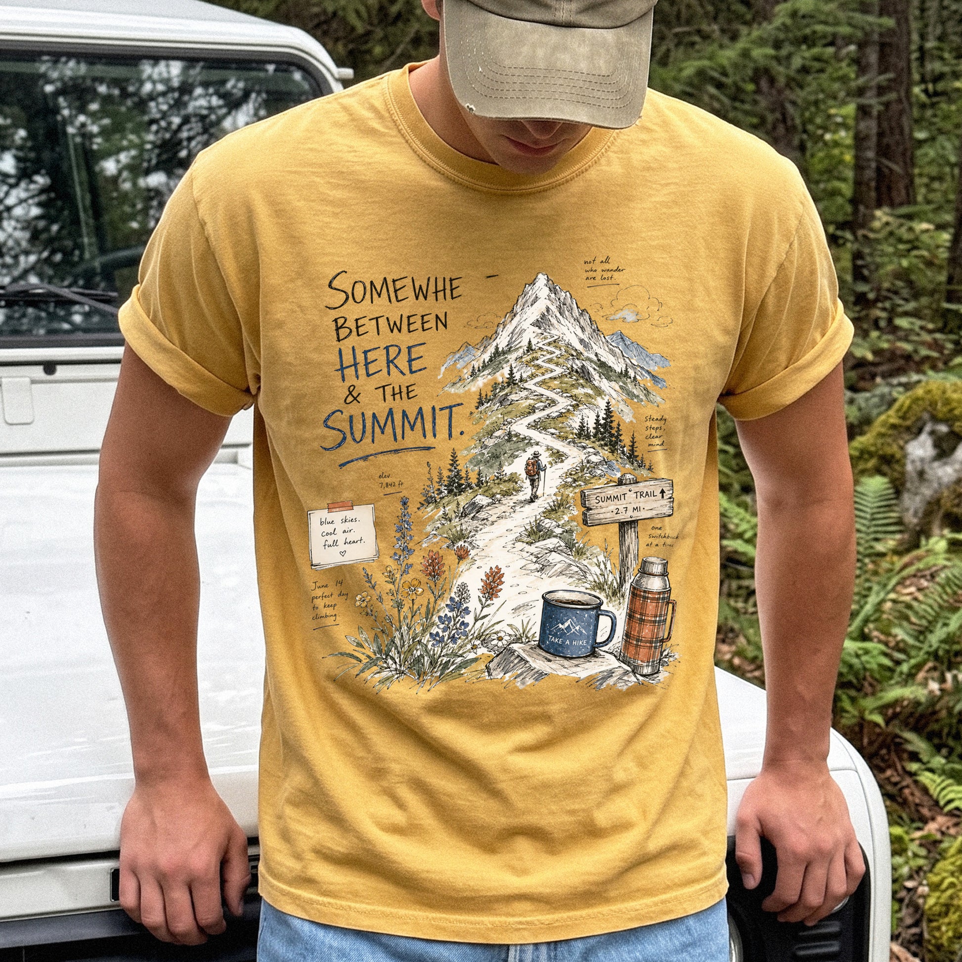 Somewhere Between Here and the Summit Comfort Colors Shirt – Mountain Hiking Tee