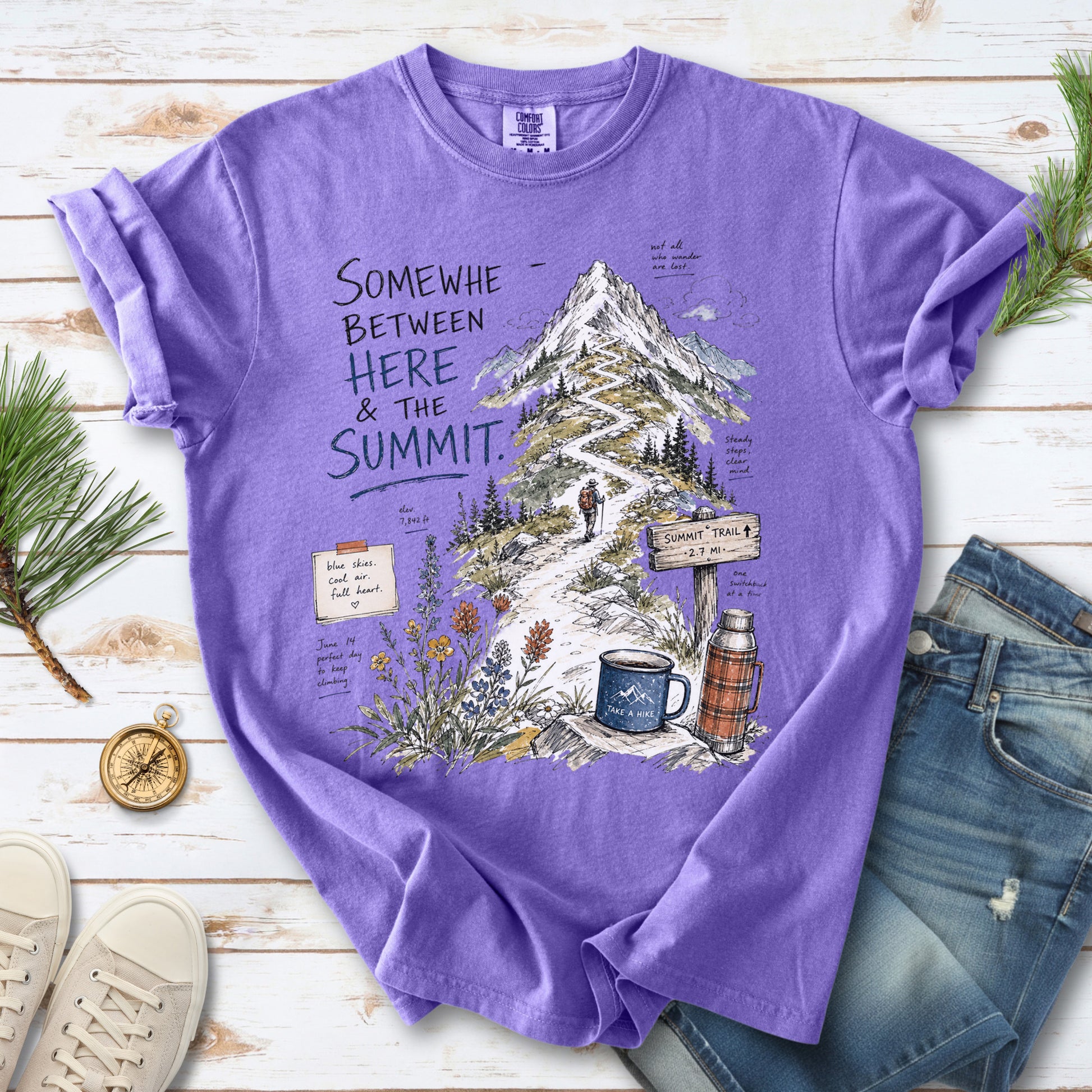 Somewhere Between Here and the Summit Comfort Colors Shirt – Mountain Hiking Tee