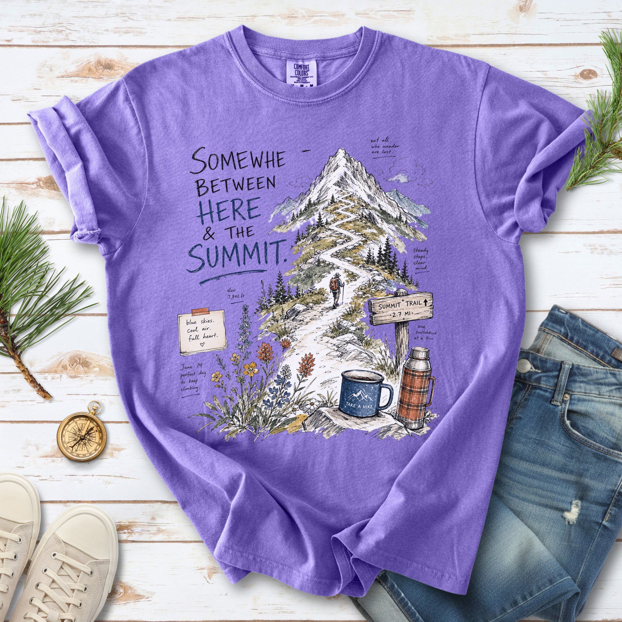 Somewhere Between Here and the Summit Comfort Colors Shirt – Mountain Hiking Tee