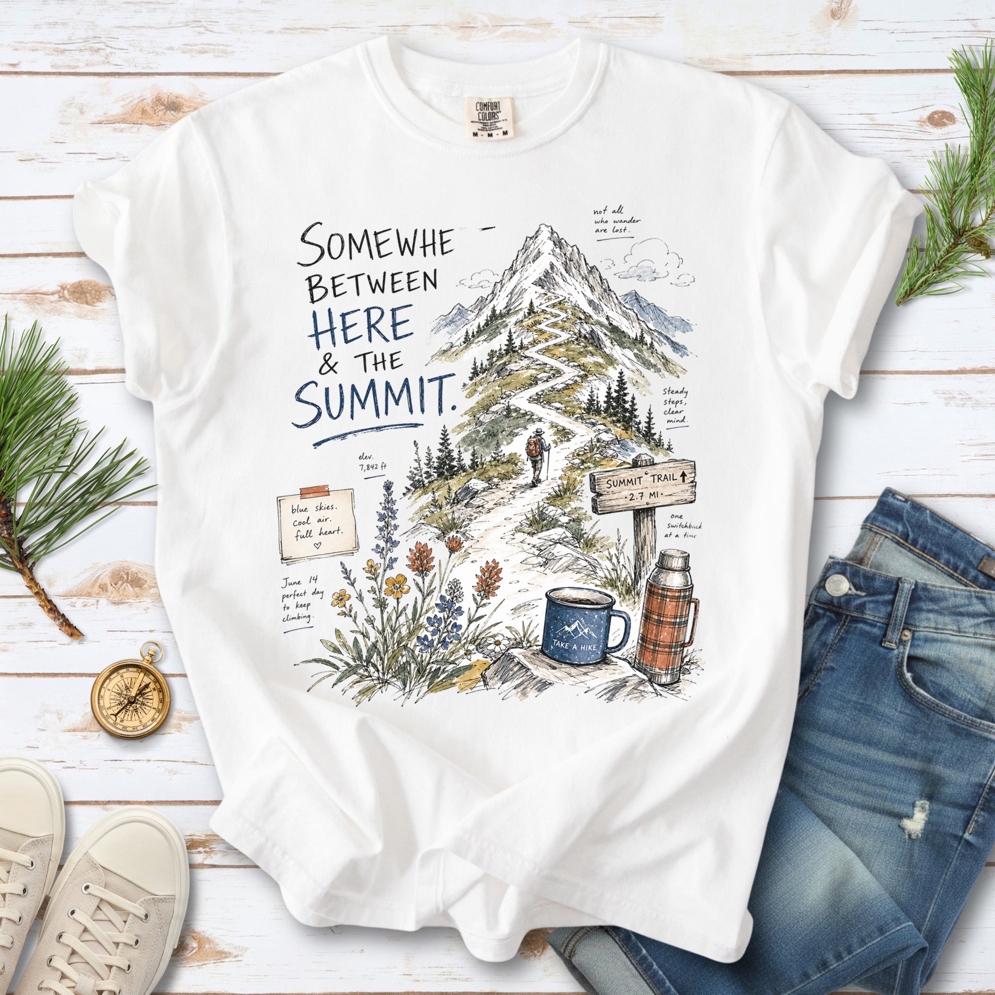 Somewhere Between Here and the Summit Comfort Colors Shirt – Mountain Hiking Tee