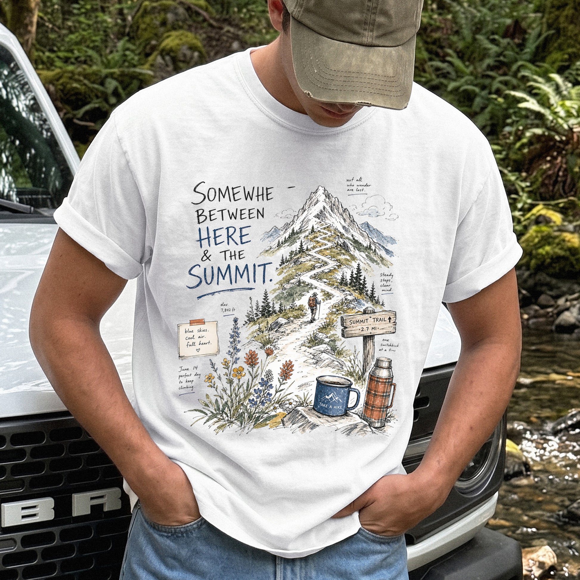 Somewhere Between Here and the Summit Comfort Colors Shirt – Mountain Hiking Tee