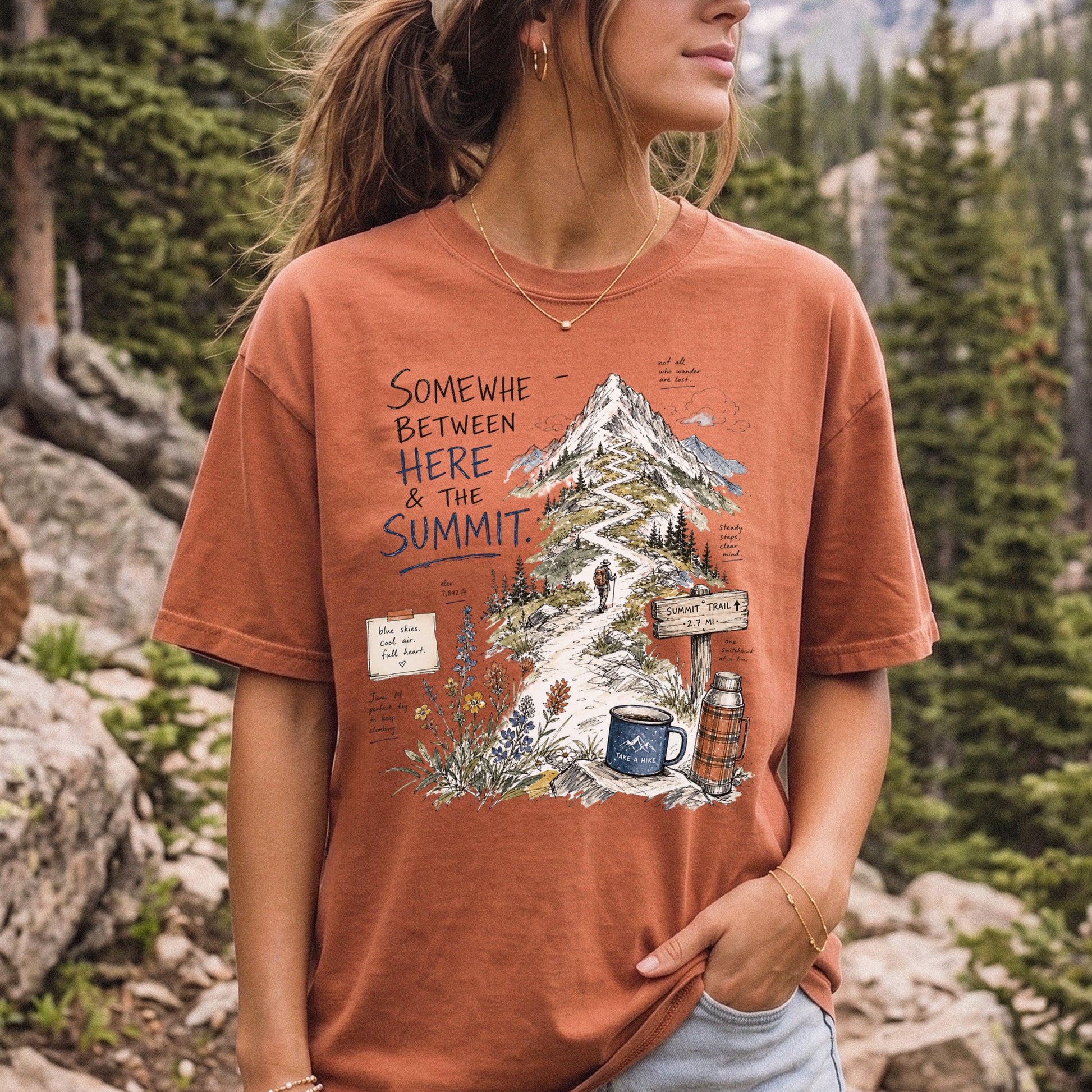 Somewhere Between Here and the Summit Comfort Colors Shirt – Mountain Hiking Tee