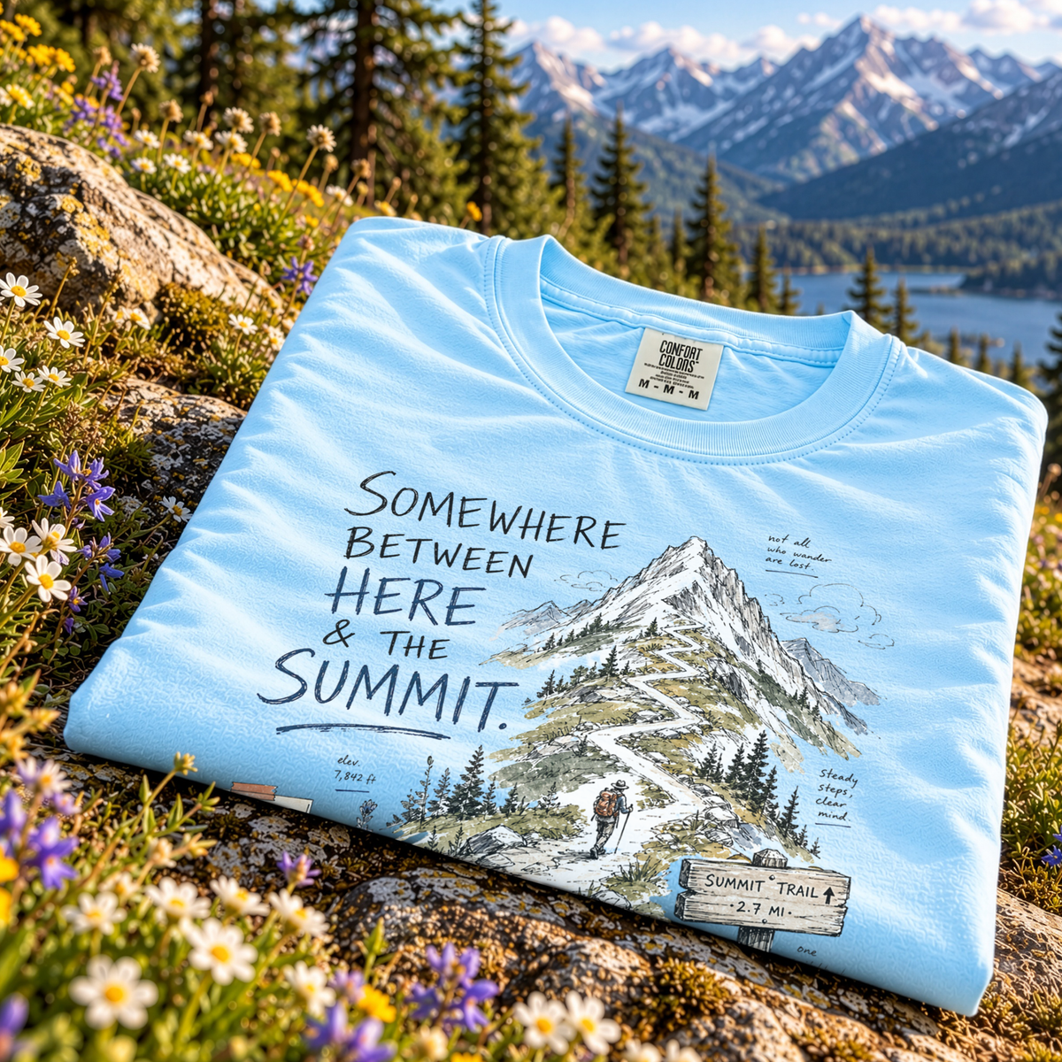 Somewhere Between Here and the Summit Comfort Colors Shirt – Mountain Hiking Tee