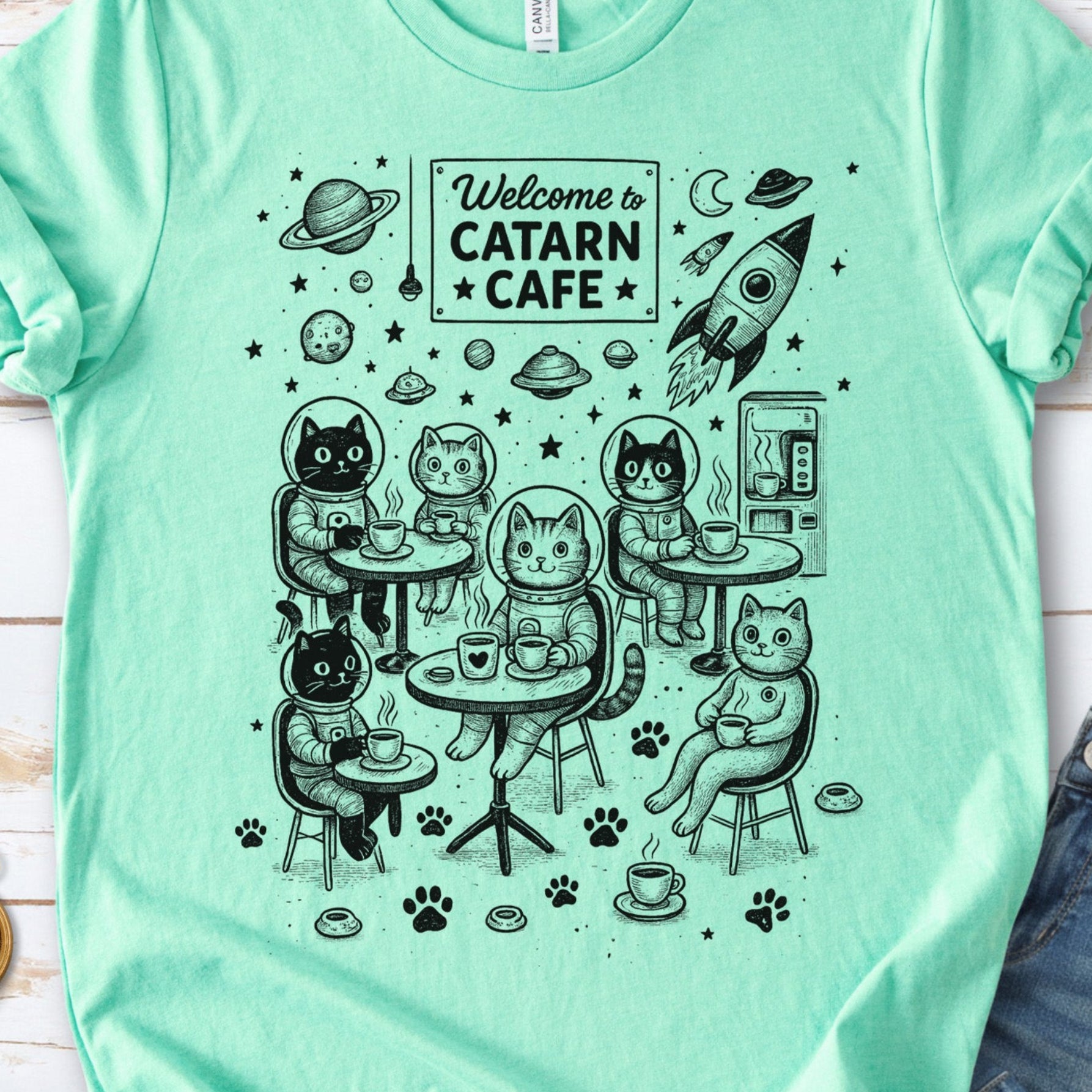 Space Cats Café Funny T-Shirt