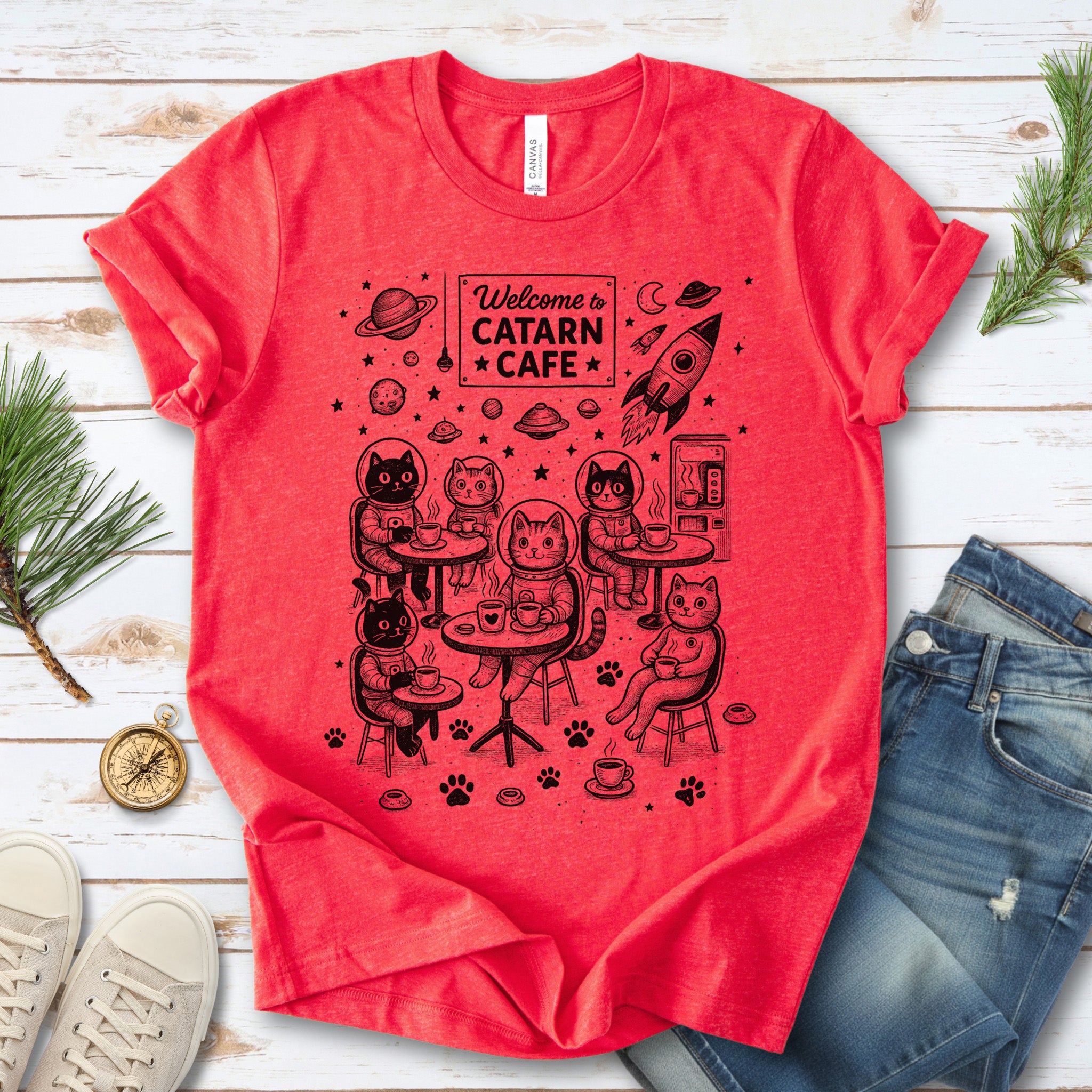 Space Cats Café Funny T-Shirt