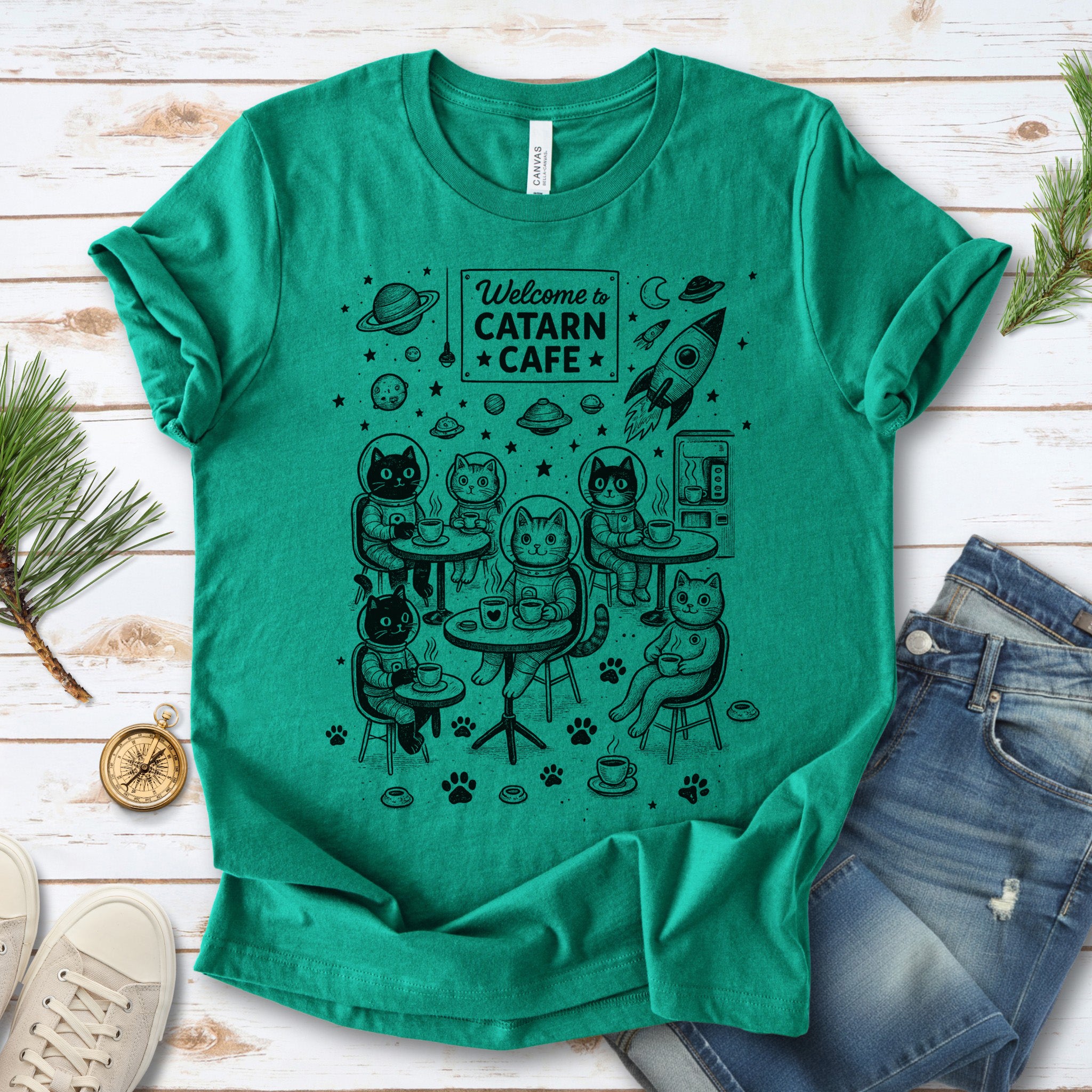 Space Cats Café Funny T-Shirt