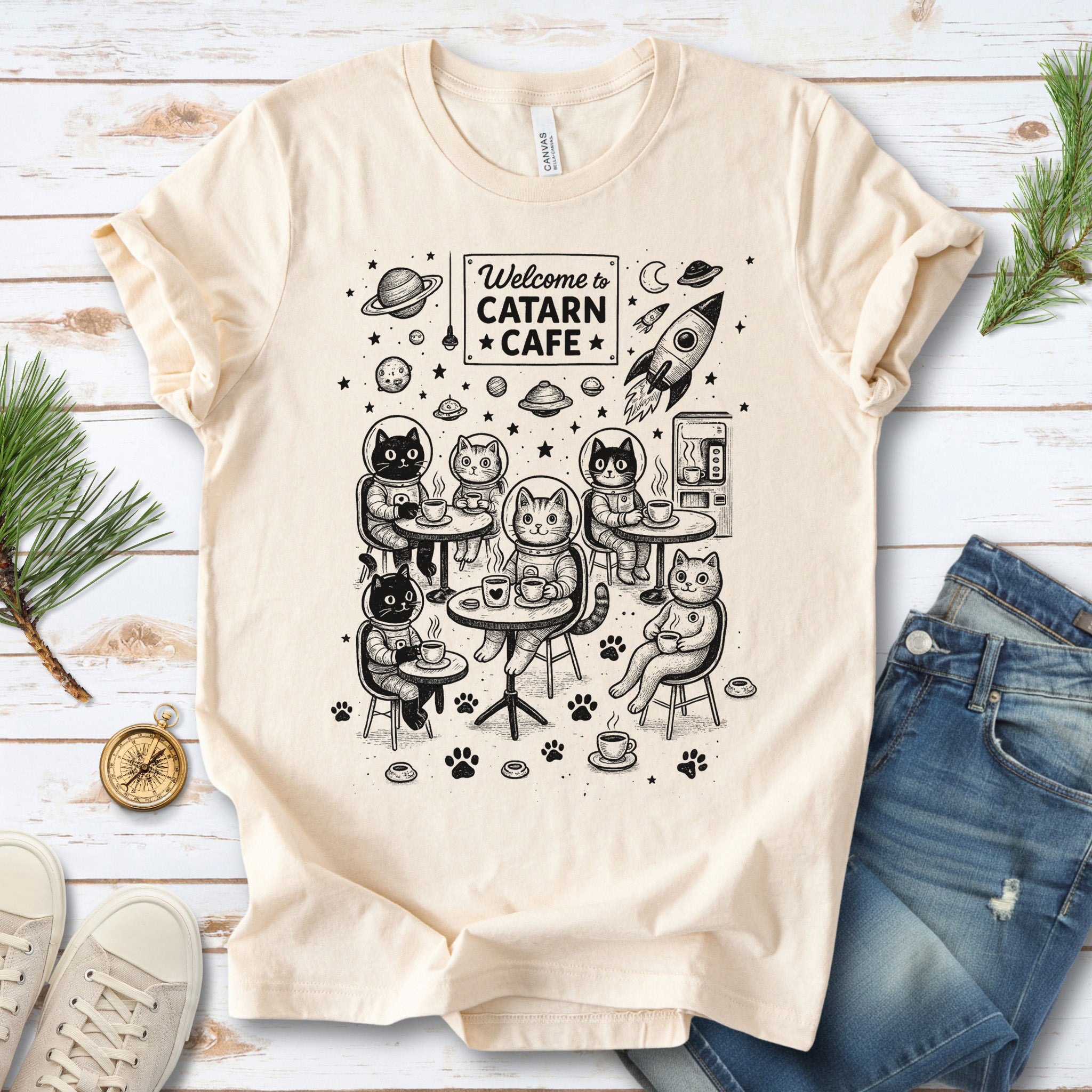 Space Cats Café Funny T-Shirt