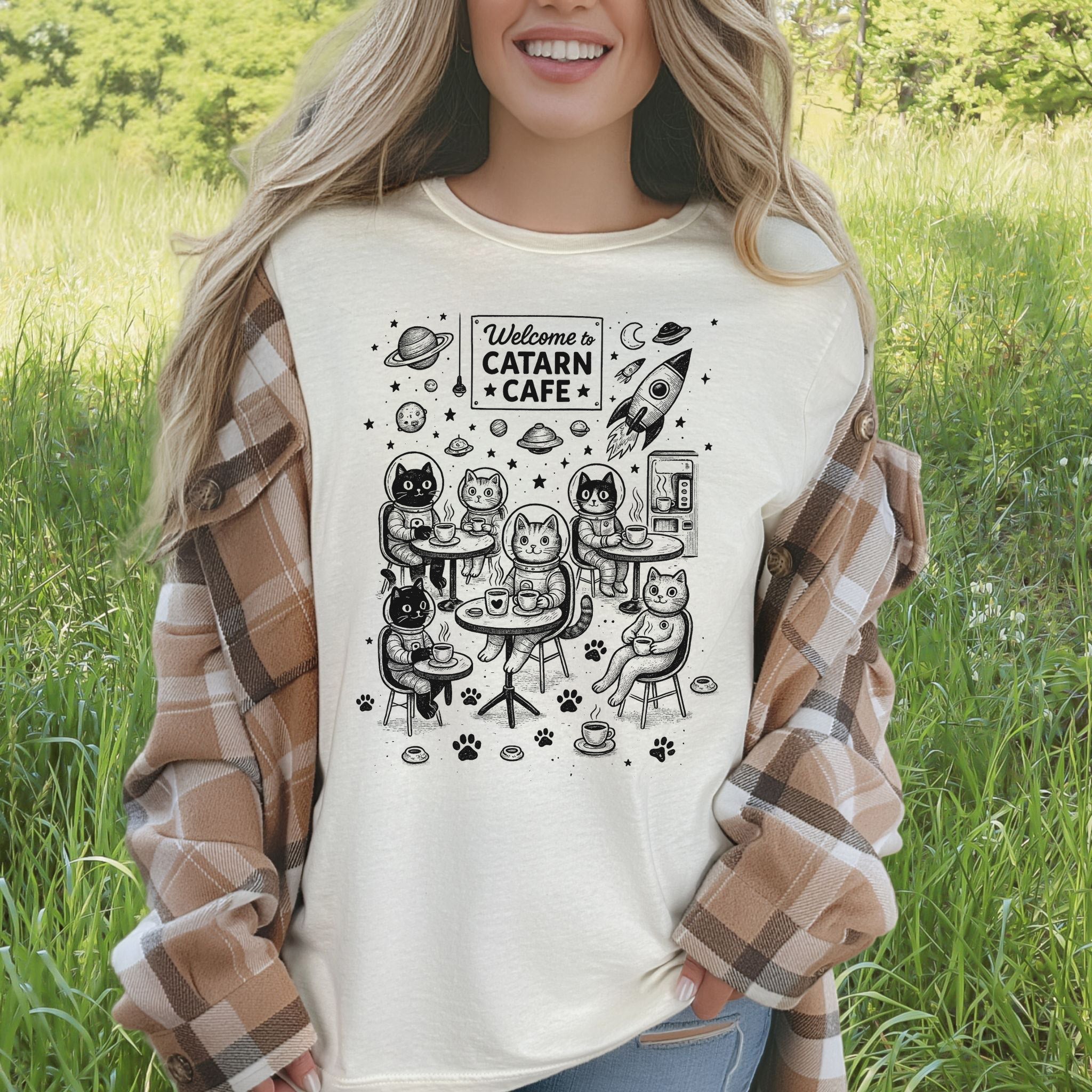 Space Cats Café Funny T-Shirt