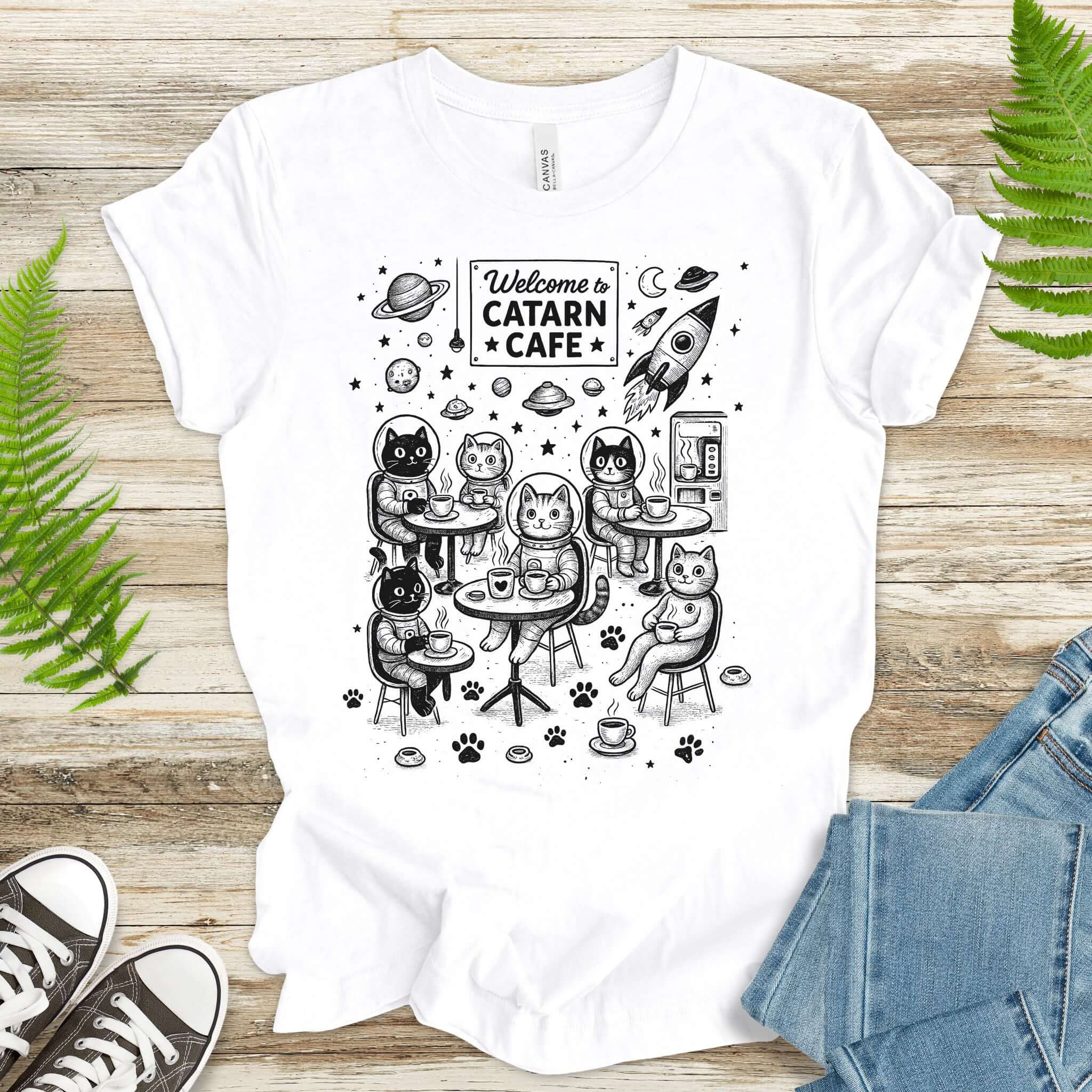 Space Cats Café Funny T-Shirt