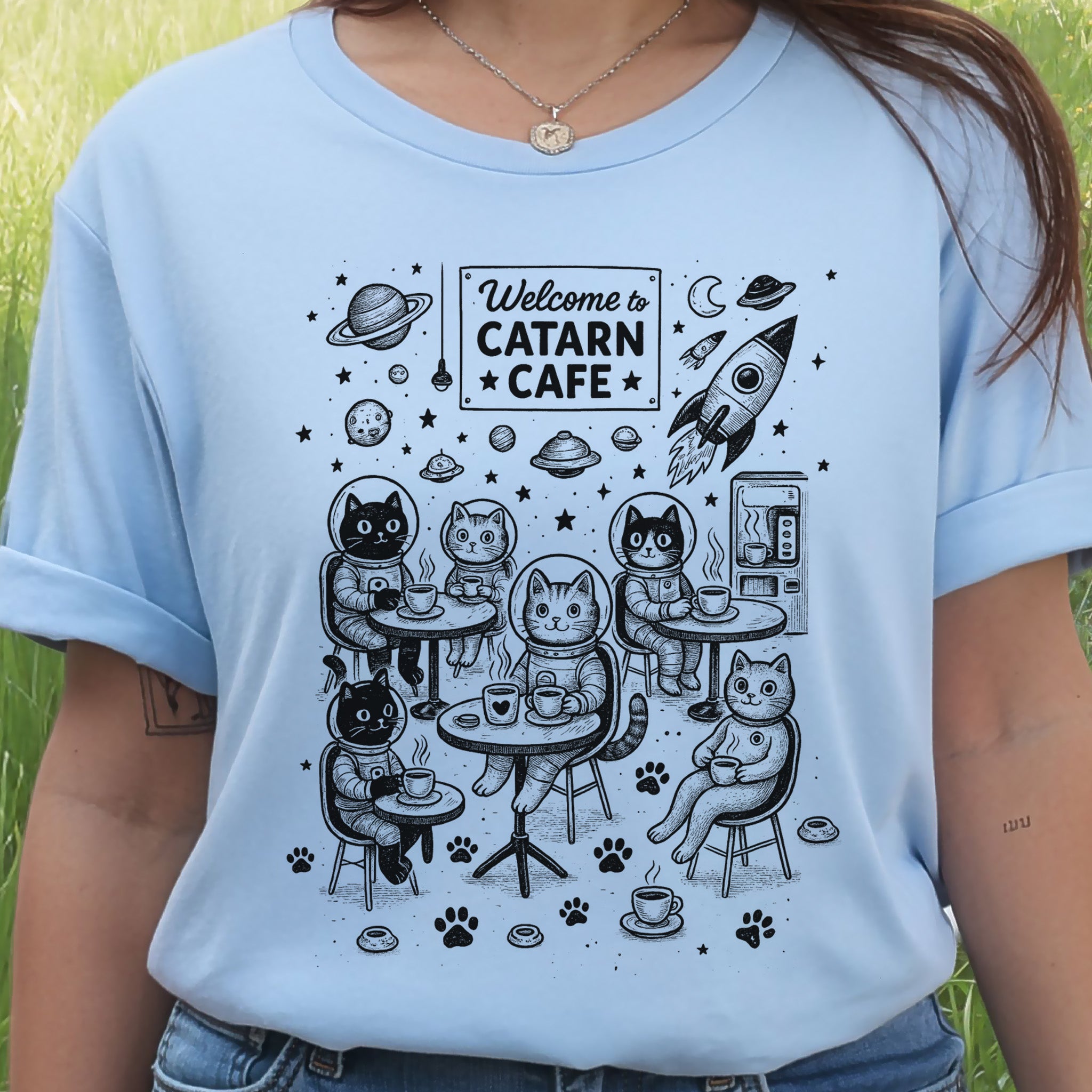 Space Cats Café Funny T-Shirt