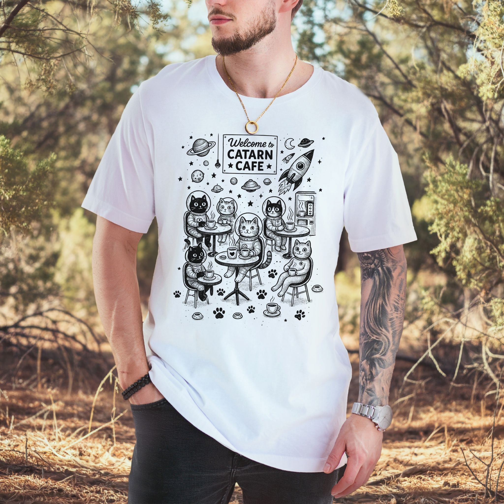 Space Cats Café Funny T-Shirt