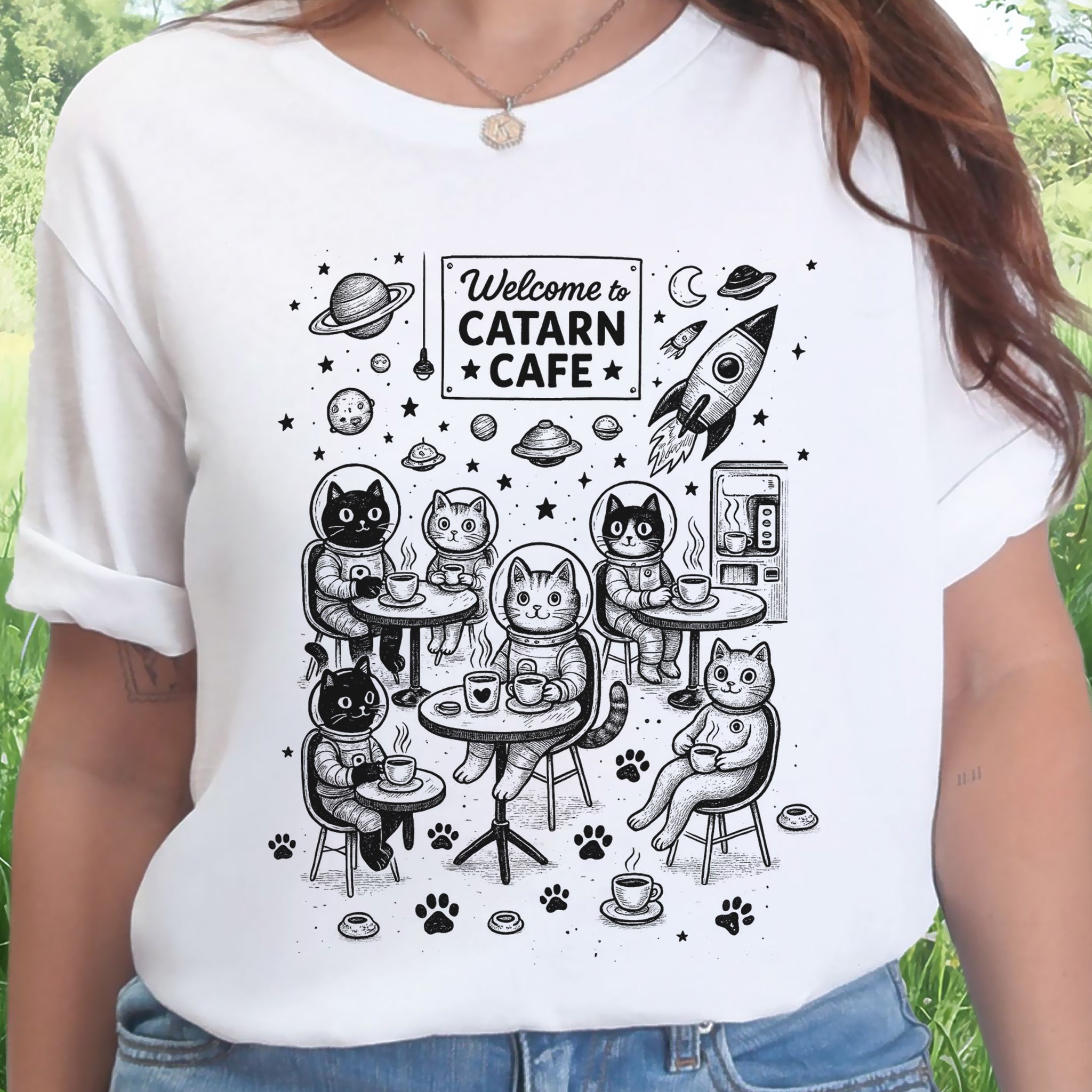 Space Cats Café Funny T-Shirt