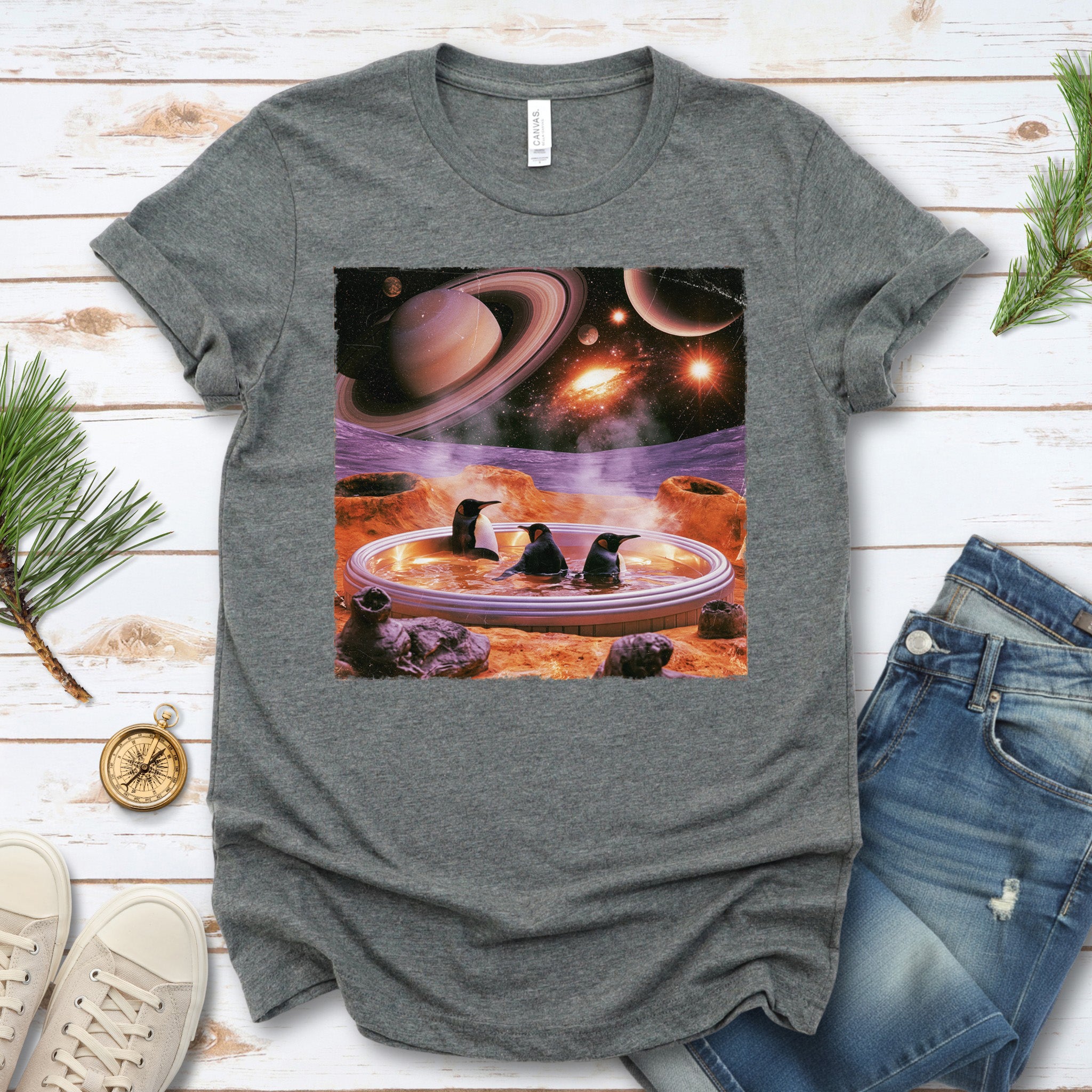 Space Jacuzzi Penguins Retro Cosmic Spa Day Graphic T-Shirt