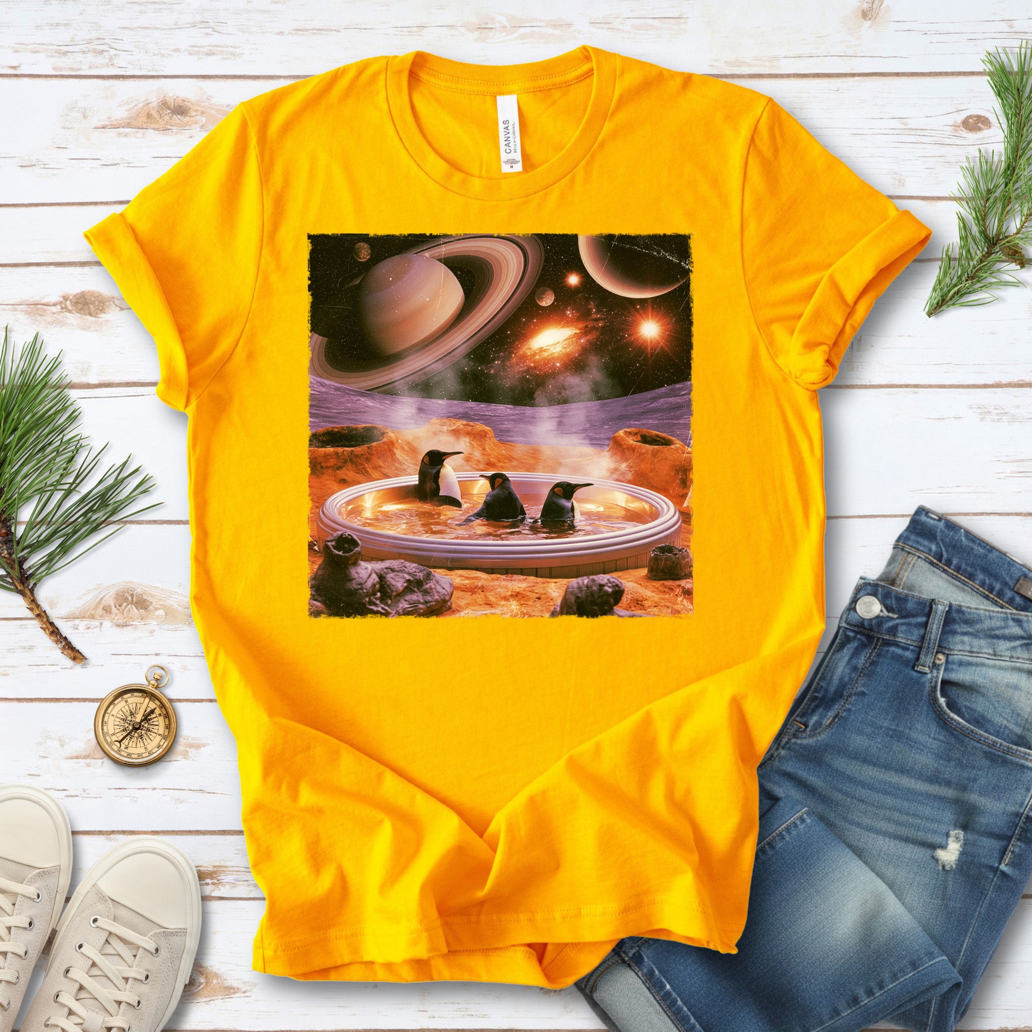 Space Jacuzzi Penguins Retro Cosmic Spa Day Graphic T-Shirt