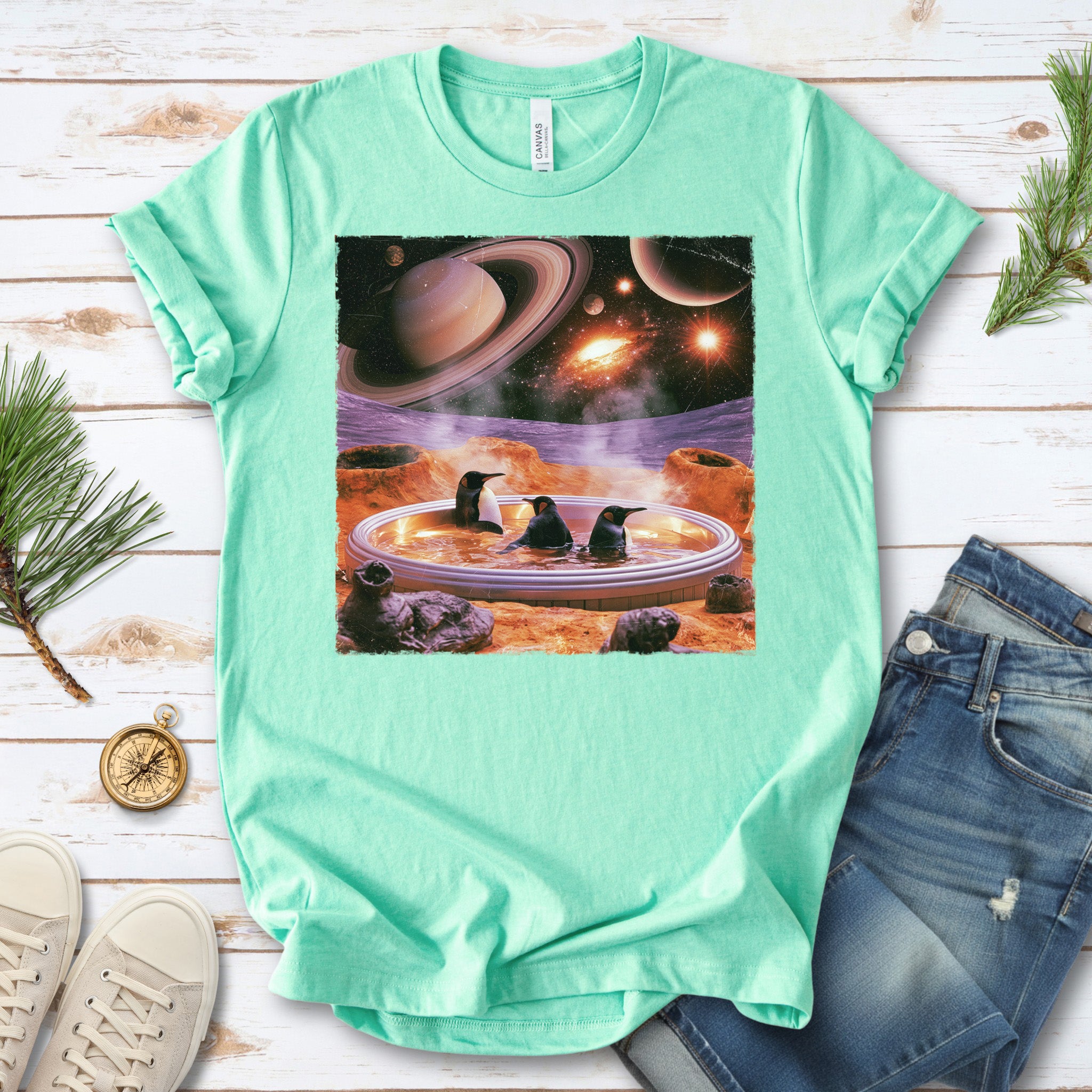 Space Jacuzzi Penguins Retro Cosmic Spa Day Graphic T-Shirt