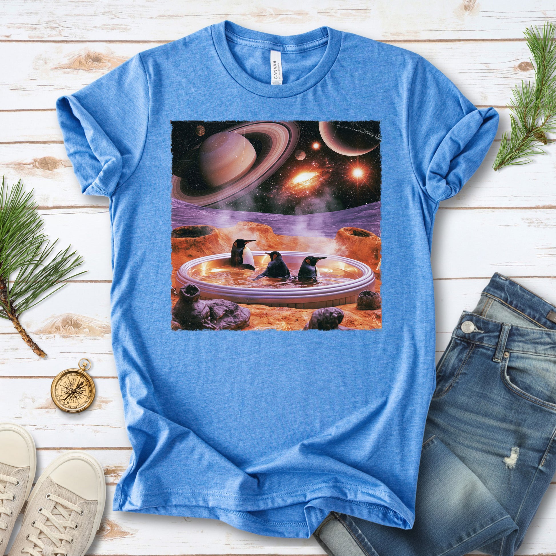 Space Jacuzzi Penguins Retro Cosmic Spa Day Graphic T-Shirt