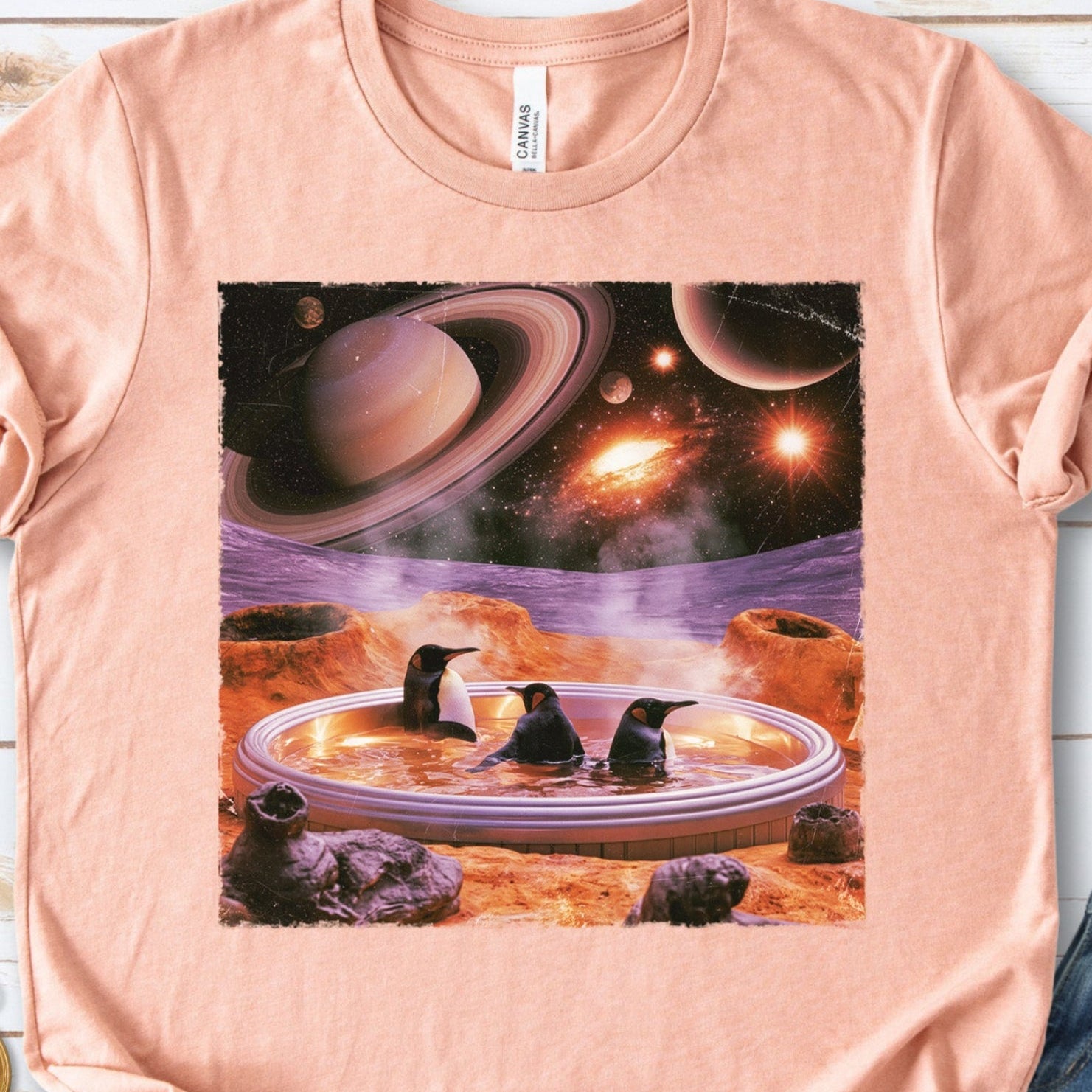 Space Jacuzzi Penguins Retro Cosmic Spa Day Graphic T-Shirt