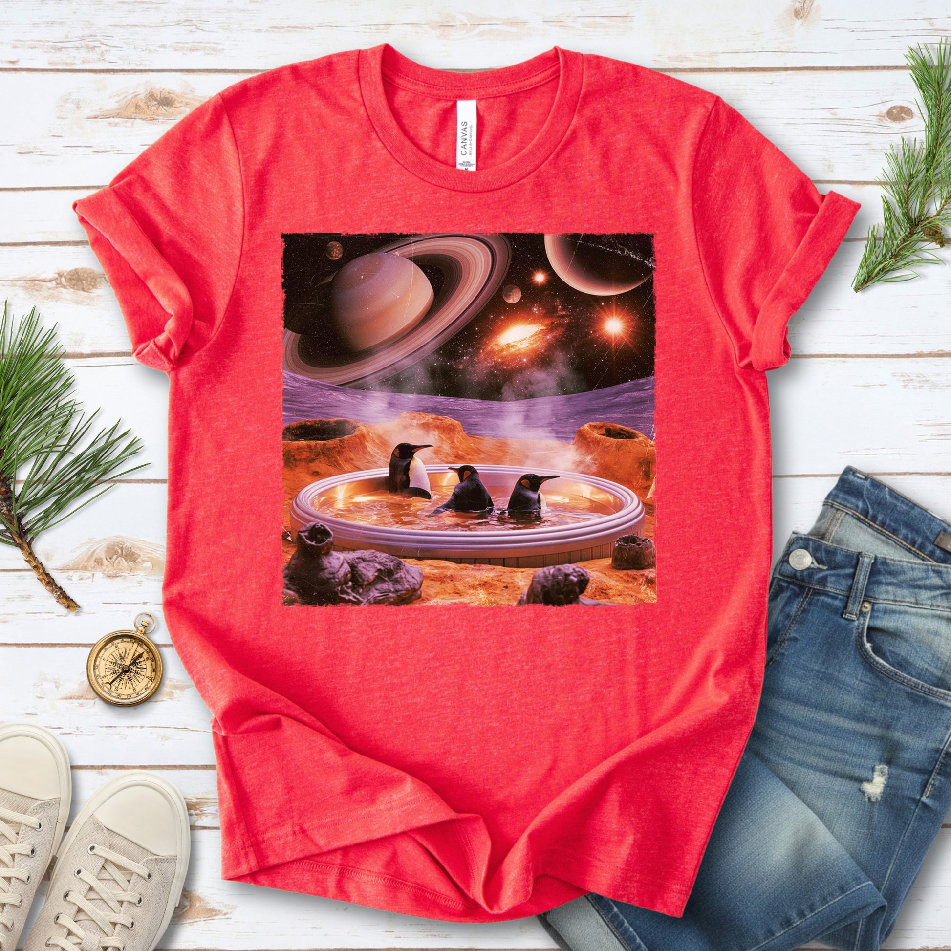Space Jacuzzi Penguins Retro Cosmic Spa Day Graphic T-Shirt
