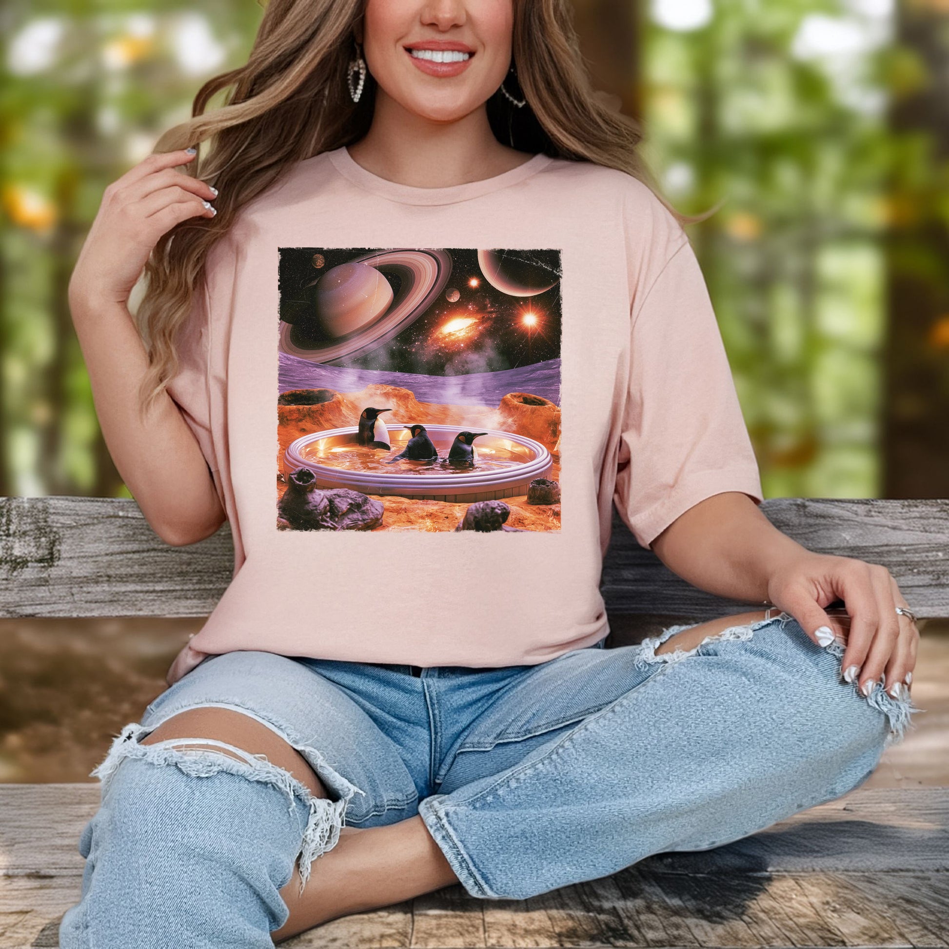 Space Jacuzzi Penguins Retro Cosmic Spa Day Graphic T-Shirt