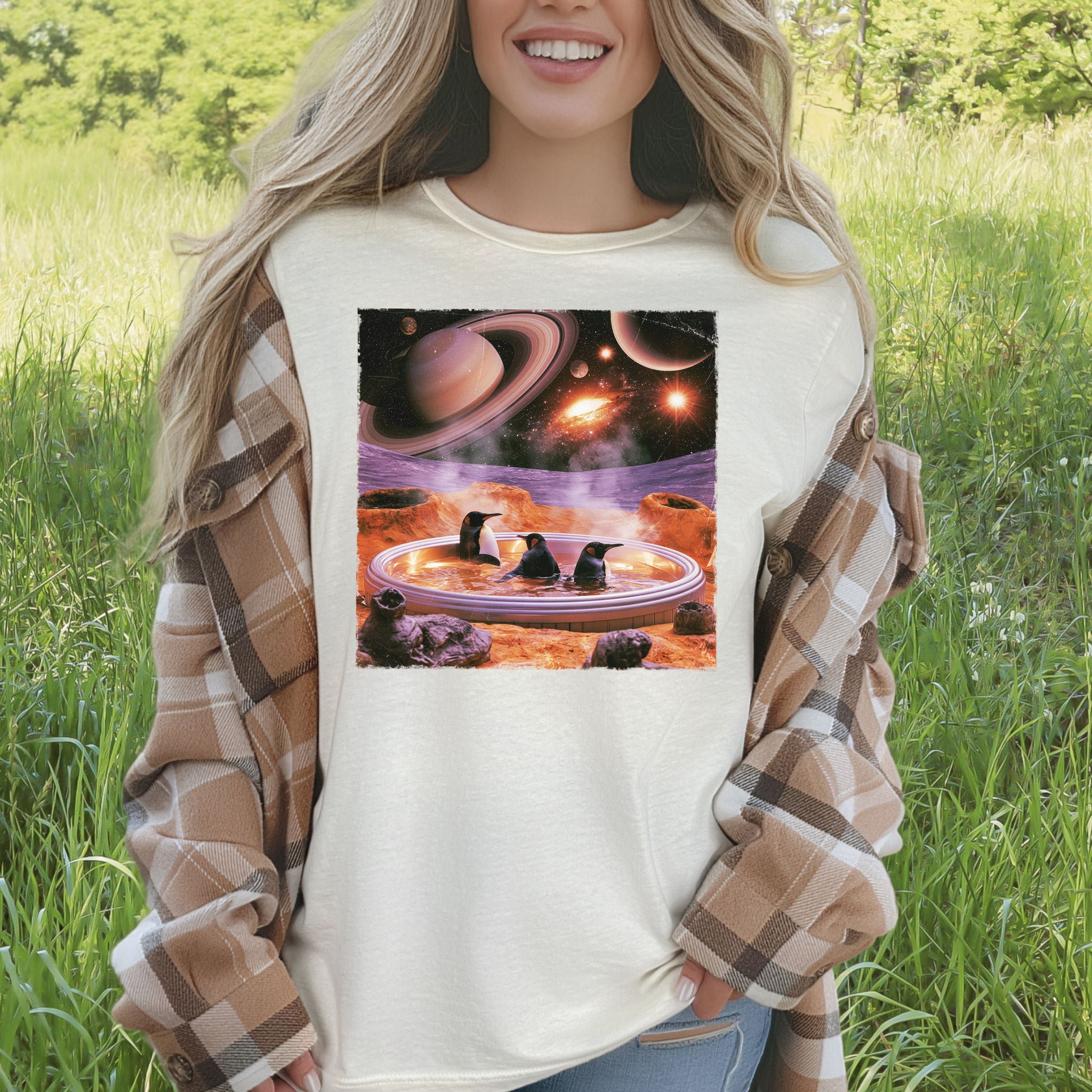 Space Jacuzzi Penguins Retro Cosmic Spa Day Graphic T-Shirt