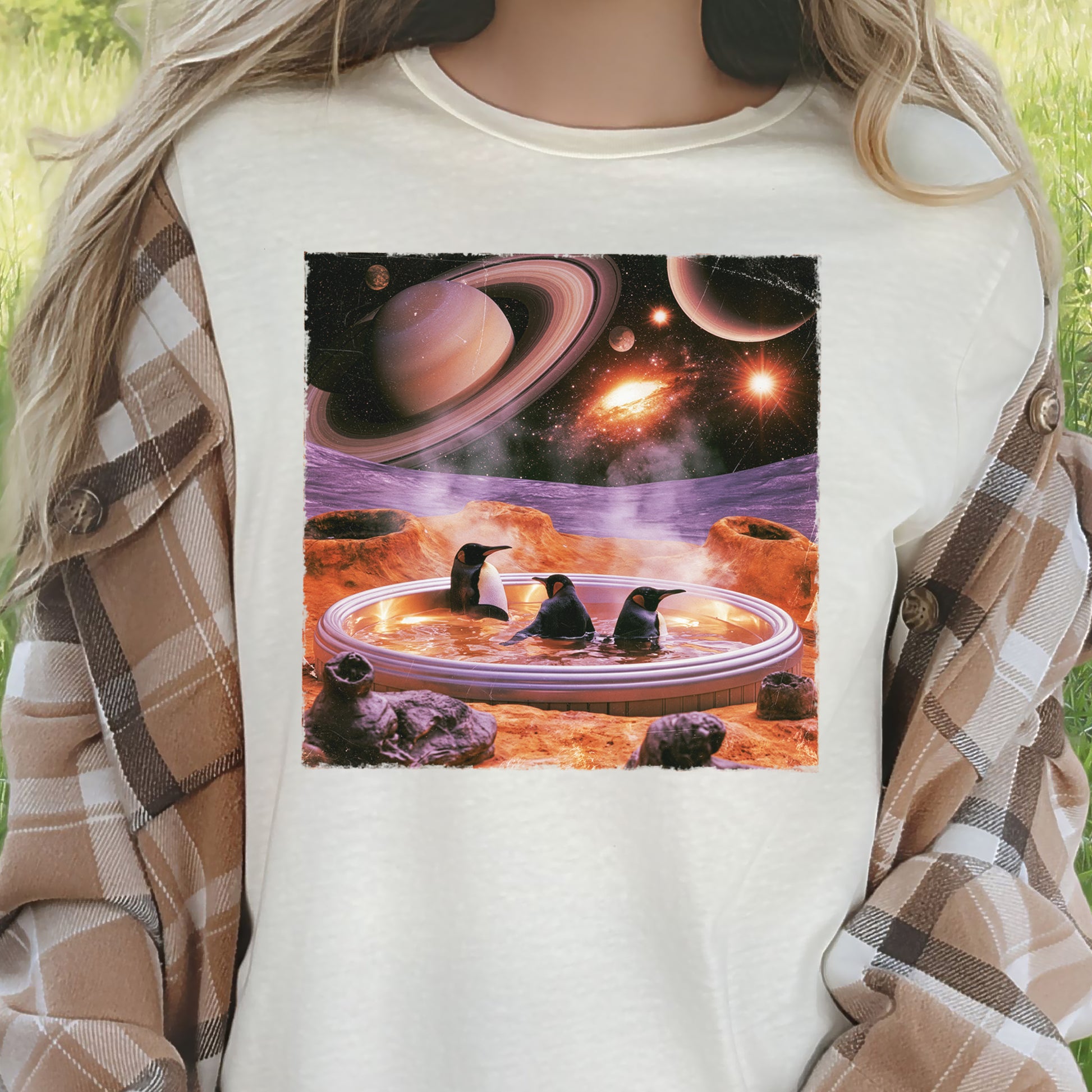 Space Jacuzzi Penguins Retro Cosmic Spa Day Graphic T-Shirt