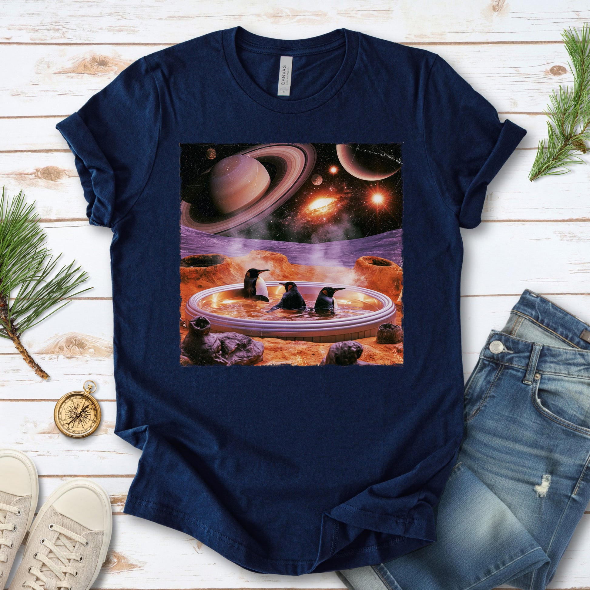 Space Jacuzzi Penguins Retro Cosmic Spa Day Graphic T-Shirt