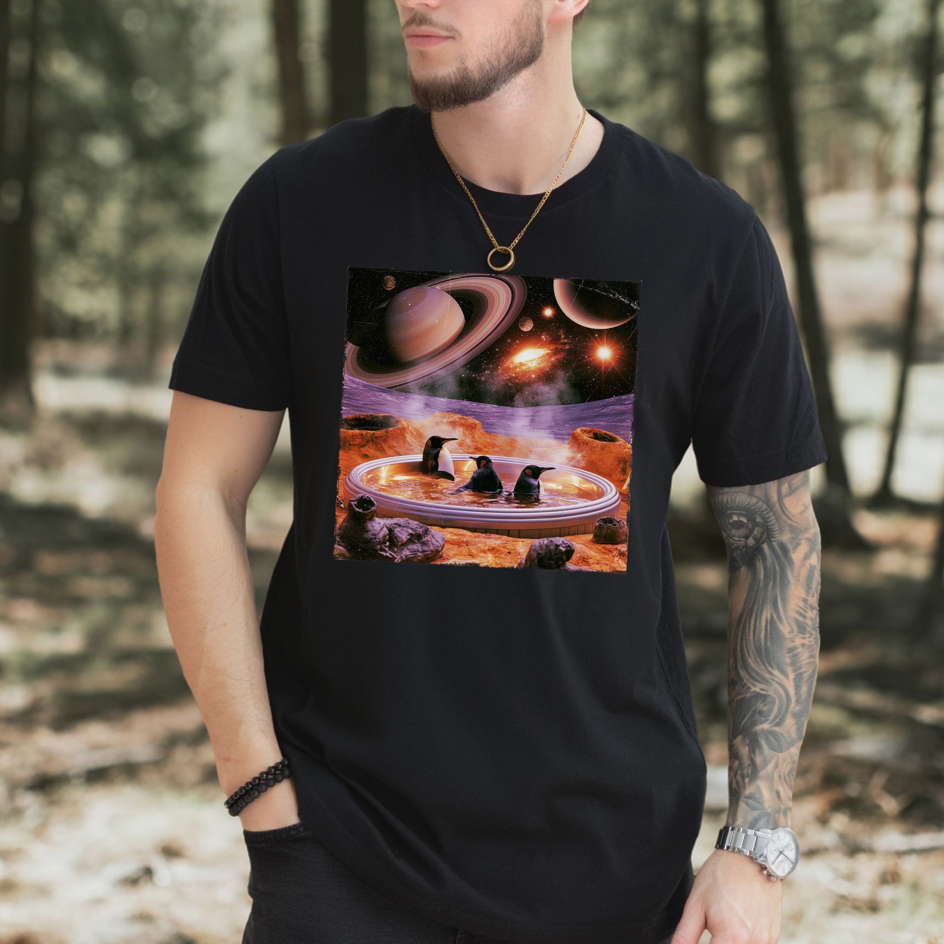 Space Jacuzzi Penguins Retro Cosmic Spa Day Graphic T-Shirt
