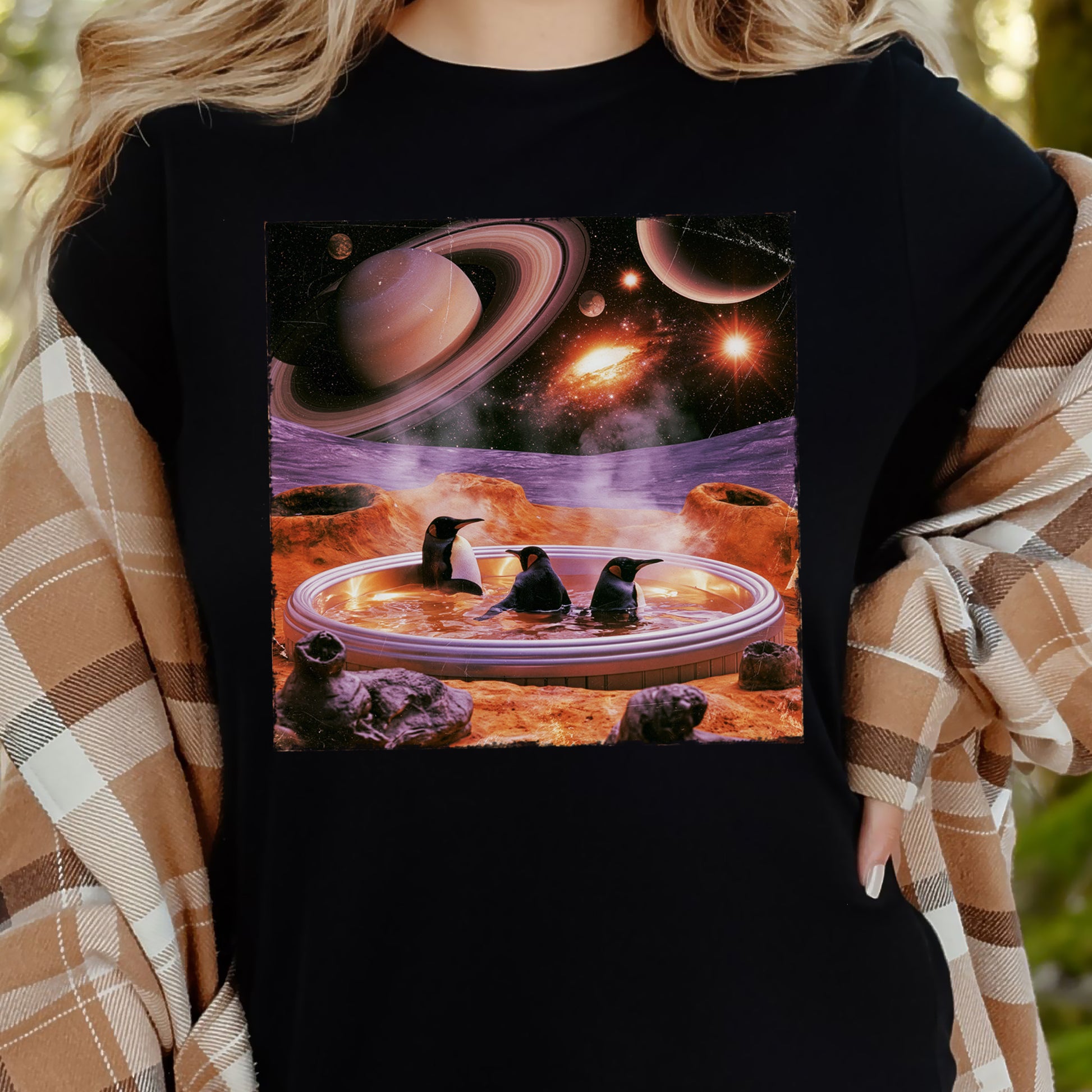 Space Jacuzzi Penguins Retro Cosmic Spa Day Graphic T-Shirt
