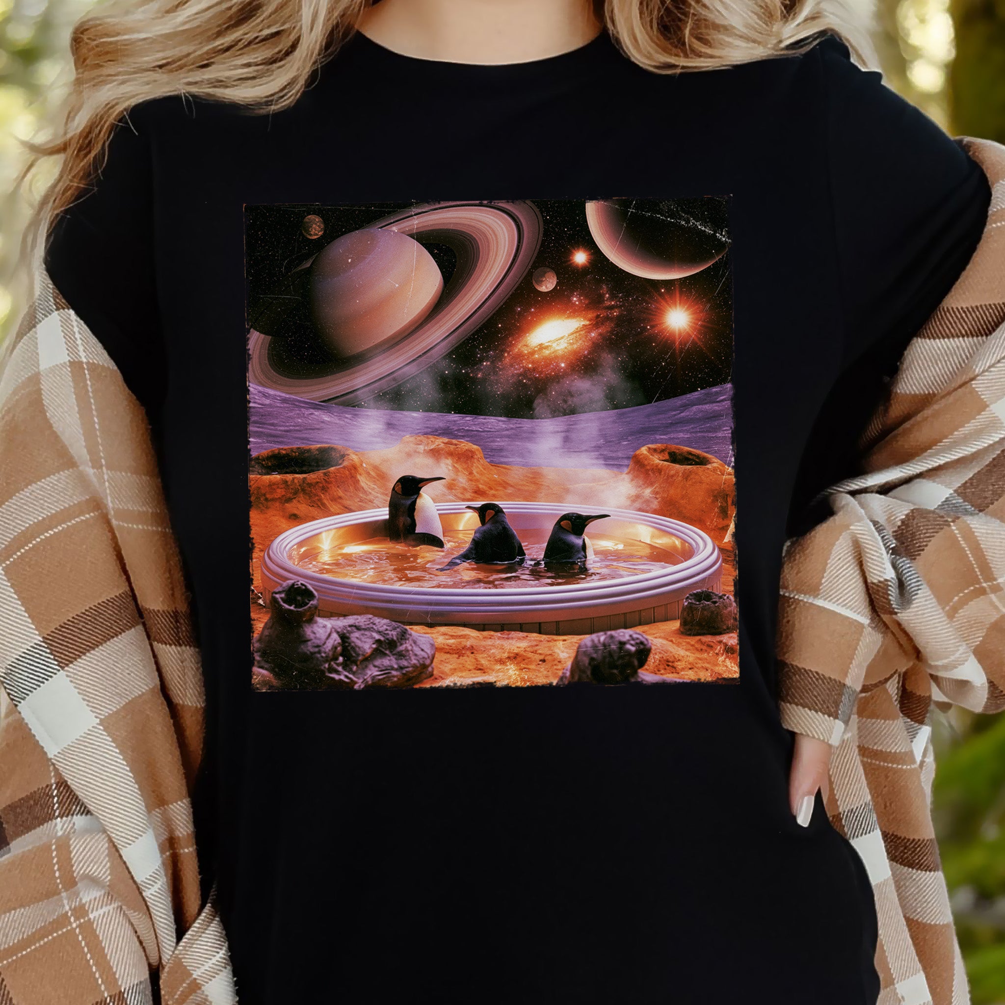 Space Jacuzzi Penguins Retro Cosmic Spa Day Graphic T-Shirt