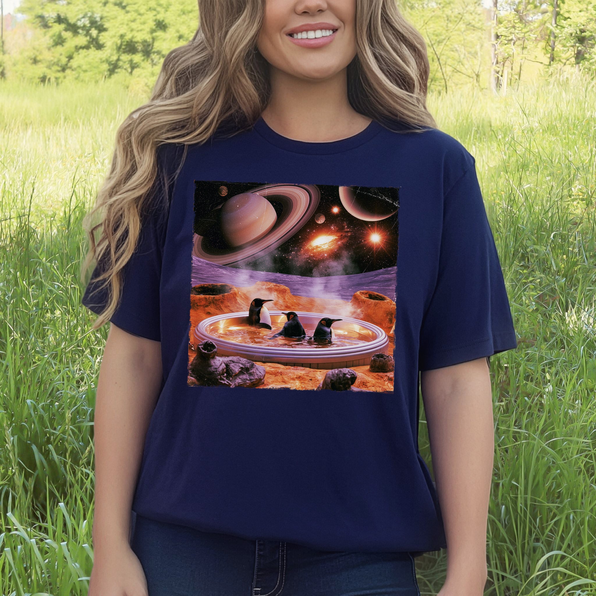 Space Jacuzzi Penguins Retro Cosmic Spa Day Graphic T-Shirt