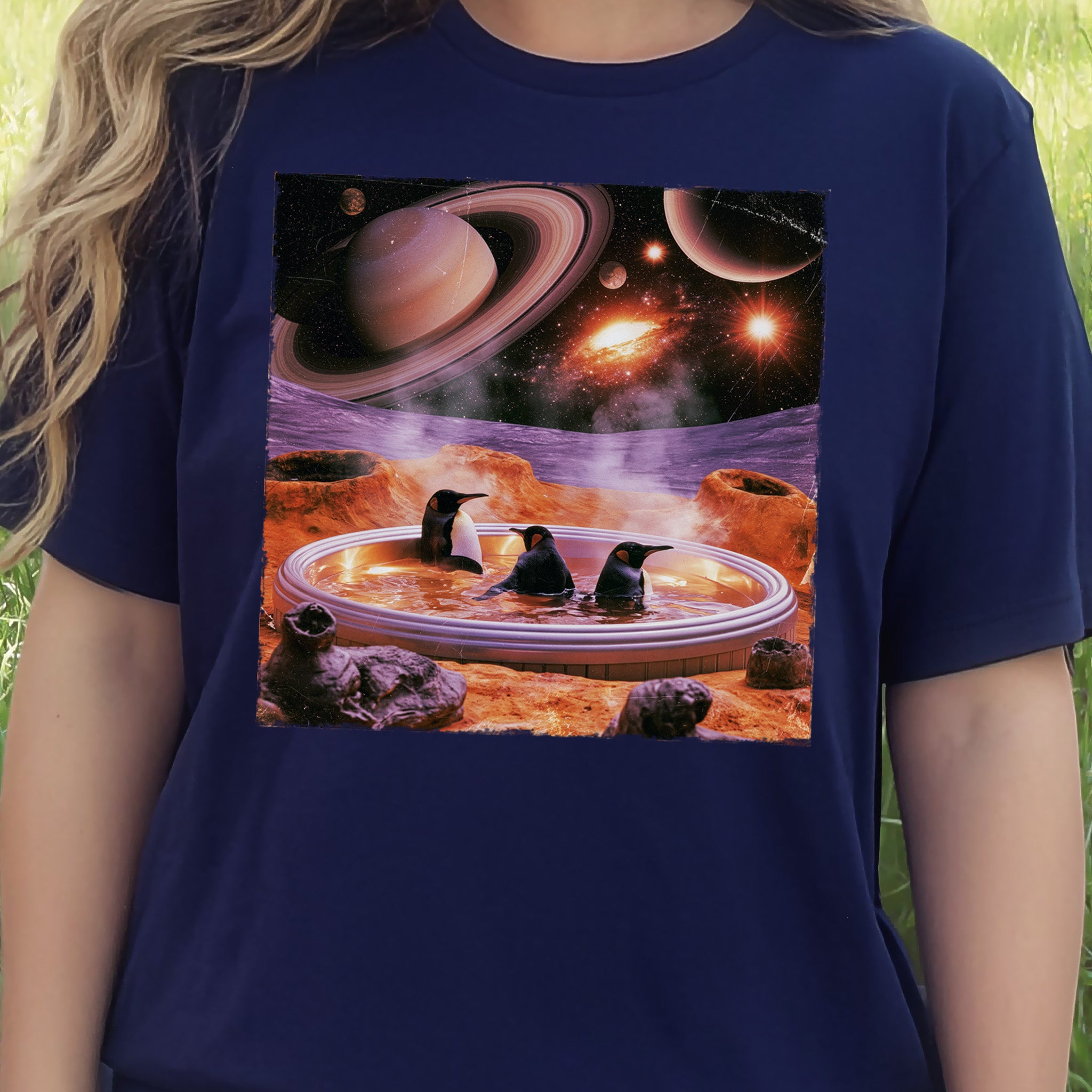 Space Jacuzzi Penguins Retro Cosmic Spa Day Graphic T-Shirt