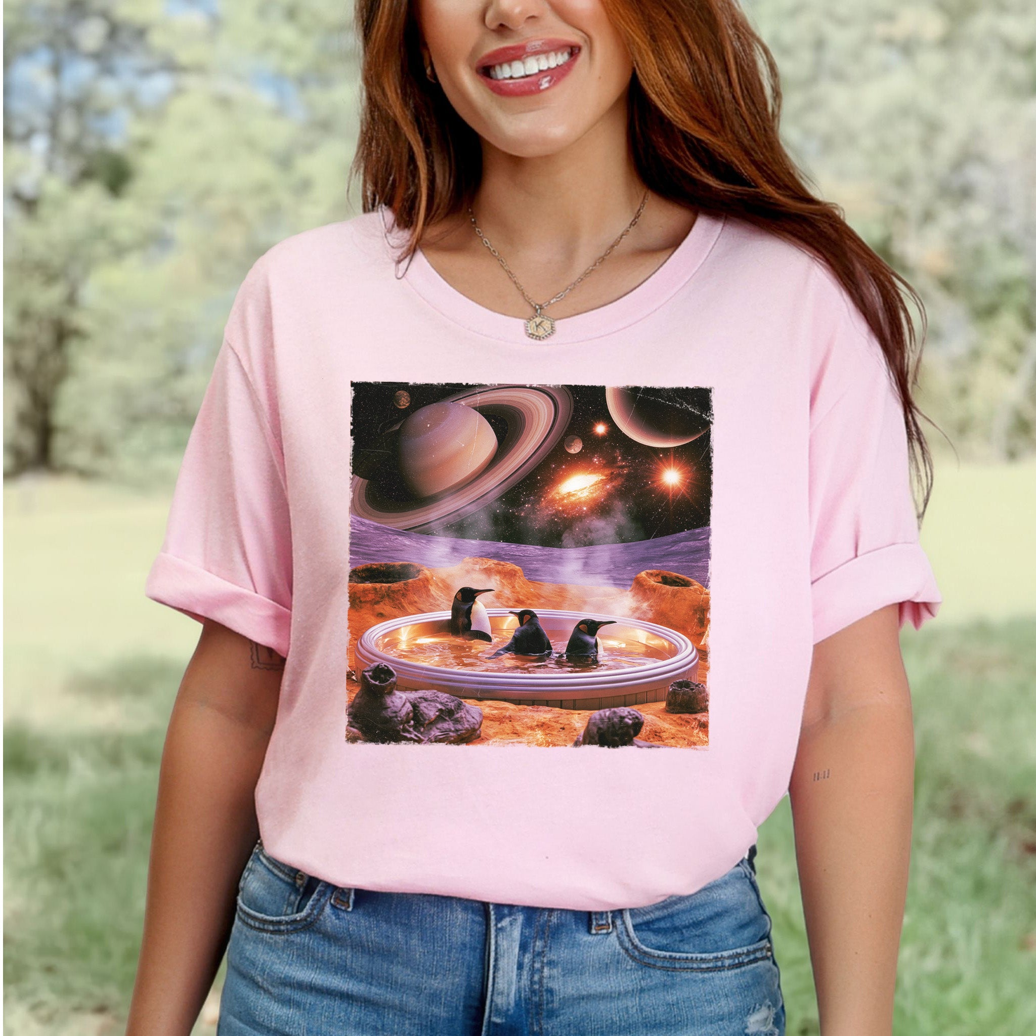 Space Jacuzzi Penguins Retro Cosmic Spa Day Graphic T-Shirt