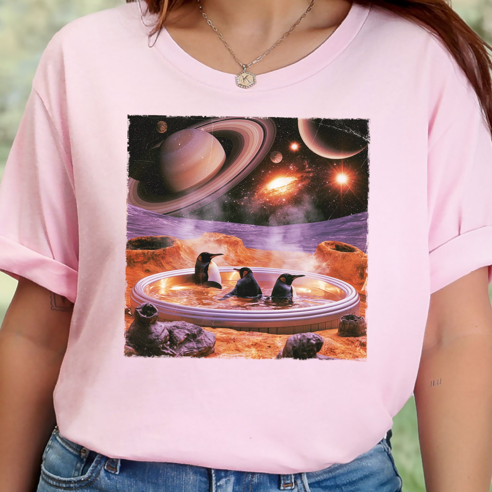 Space Jacuzzi Penguins Retro Cosmic Spa Day Graphic T-Shirt