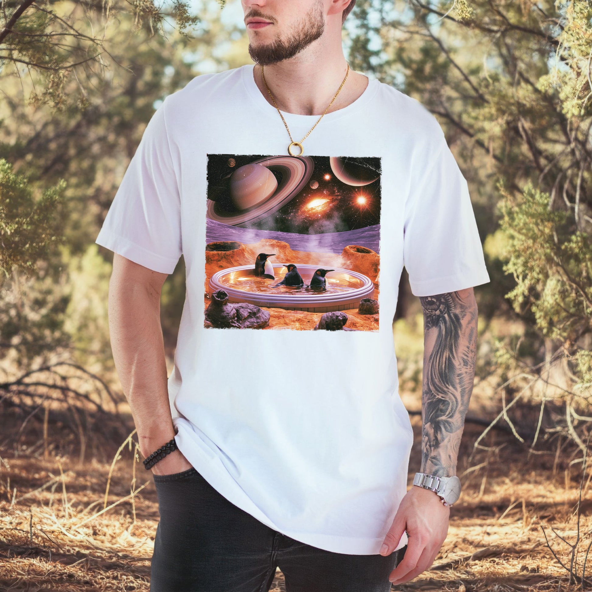 Space Jacuzzi Penguins Retro Cosmic Spa Day Graphic T-Shirt