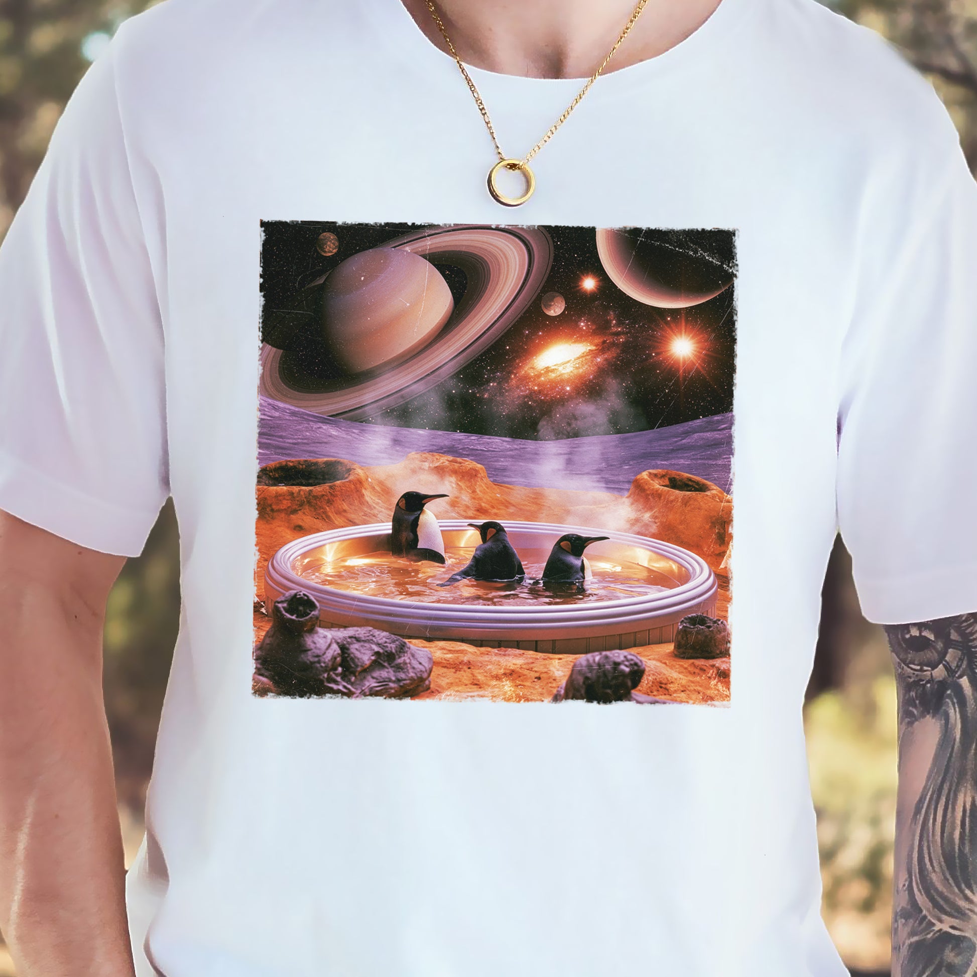 Space Jacuzzi Penguins Retro Cosmic Spa Day Graphic T-Shirt