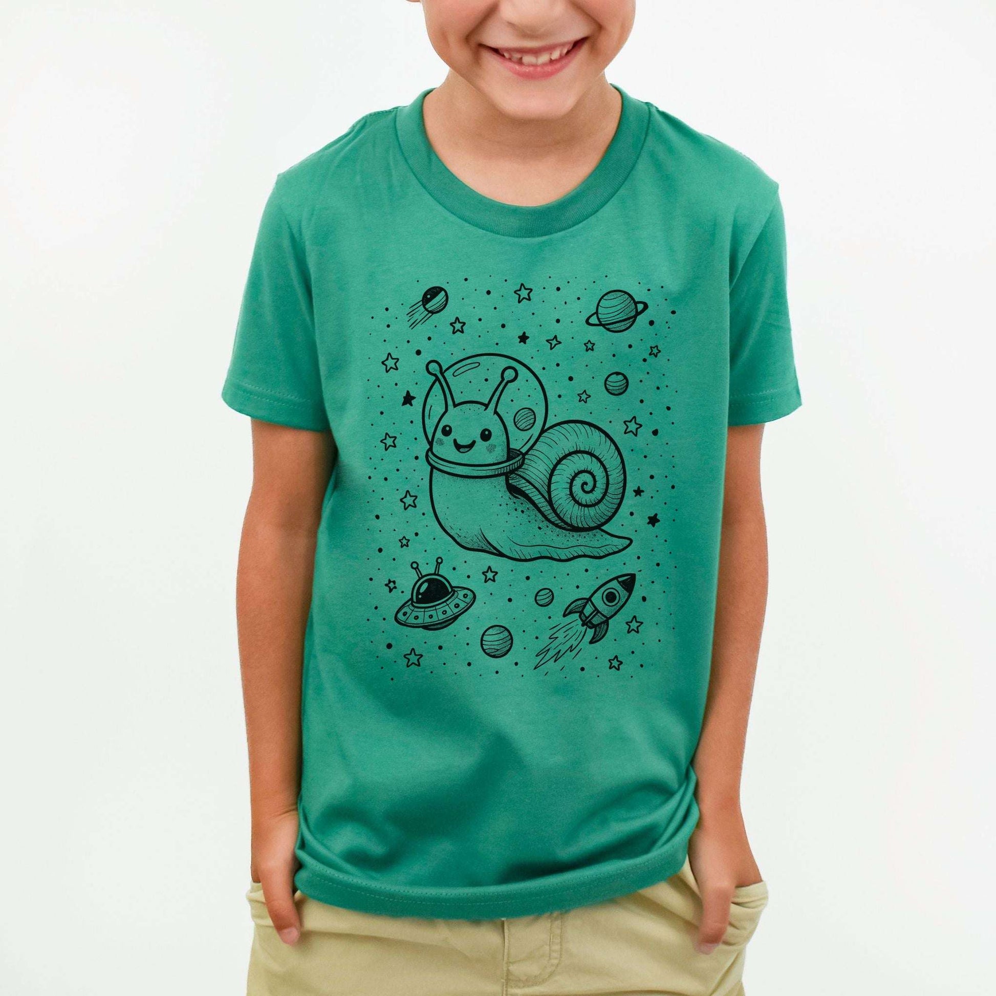 Space Snail Rocket – Slow-Mo Cosmic Zoom Youth Tee